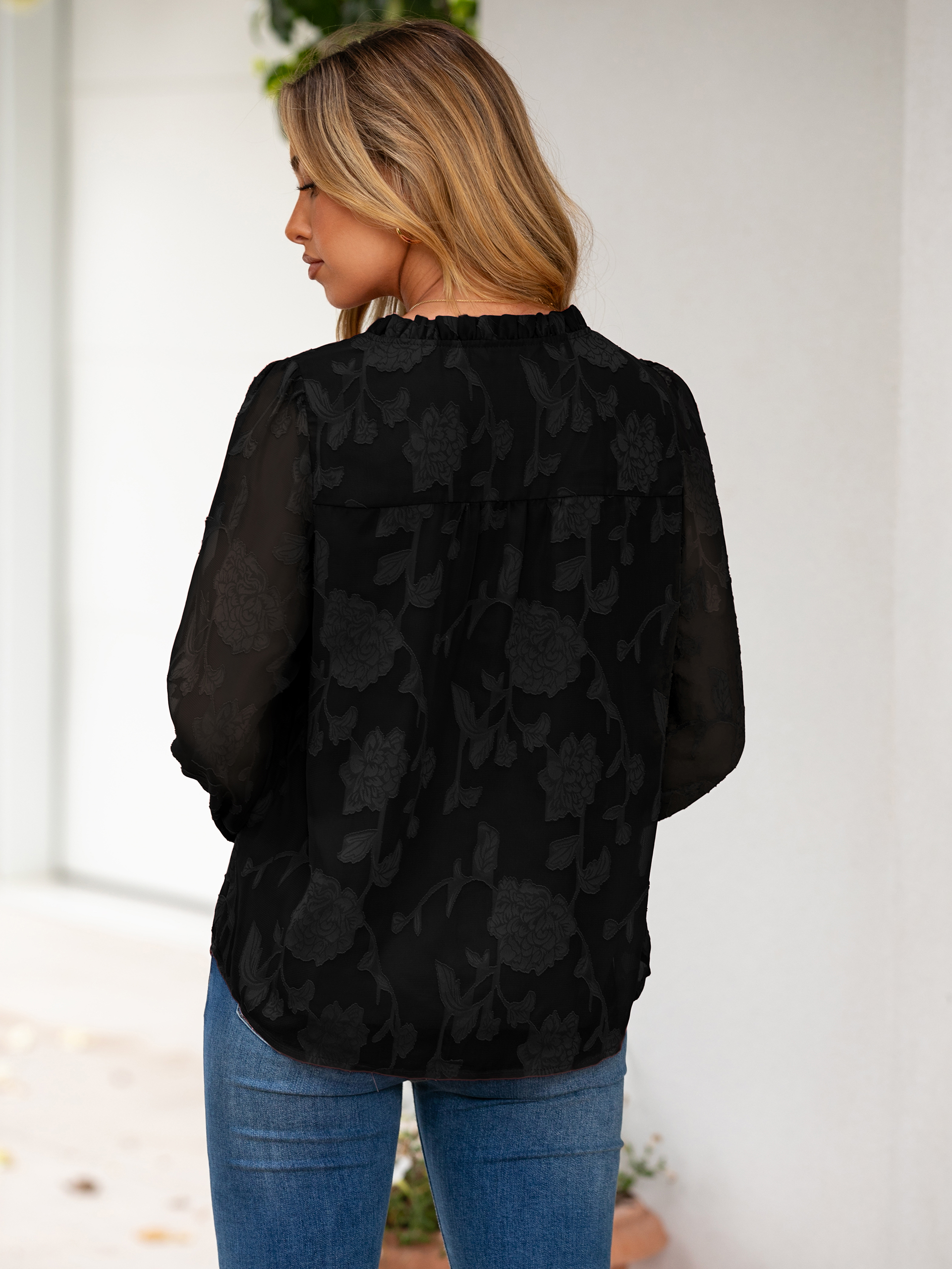 Chiffon Burnout V Neck Long Sleeve Blouse