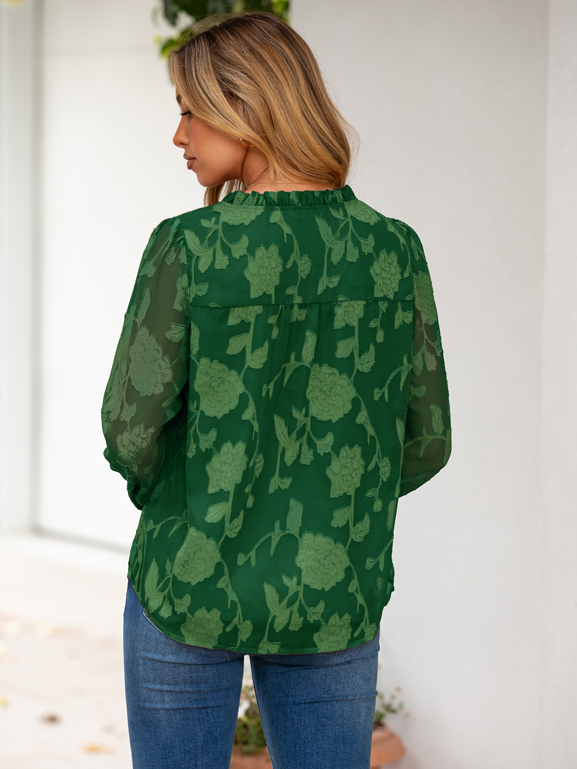 Chiffon Burnout V Neck Long Sleeve Blouse