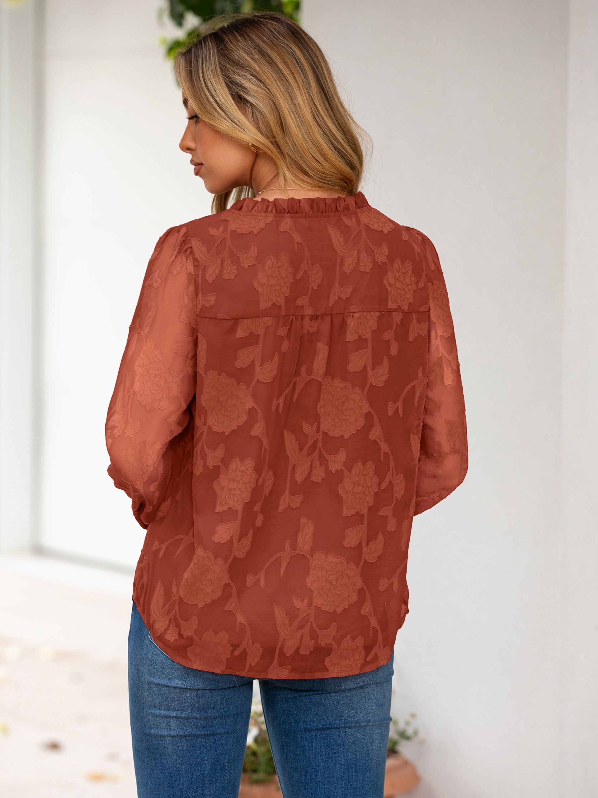 Chiffon Burnout V Neck Long Sleeve Blouse