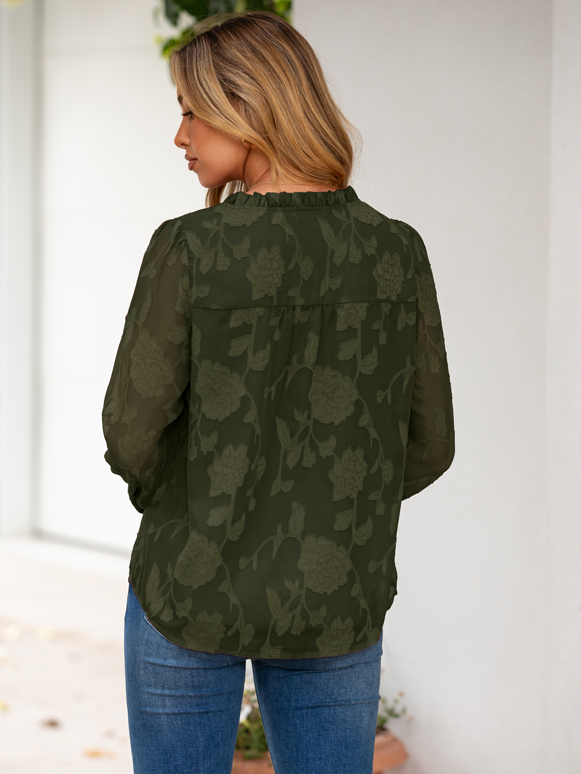 Chiffon Burnout V Neck Long Sleeve Blouse