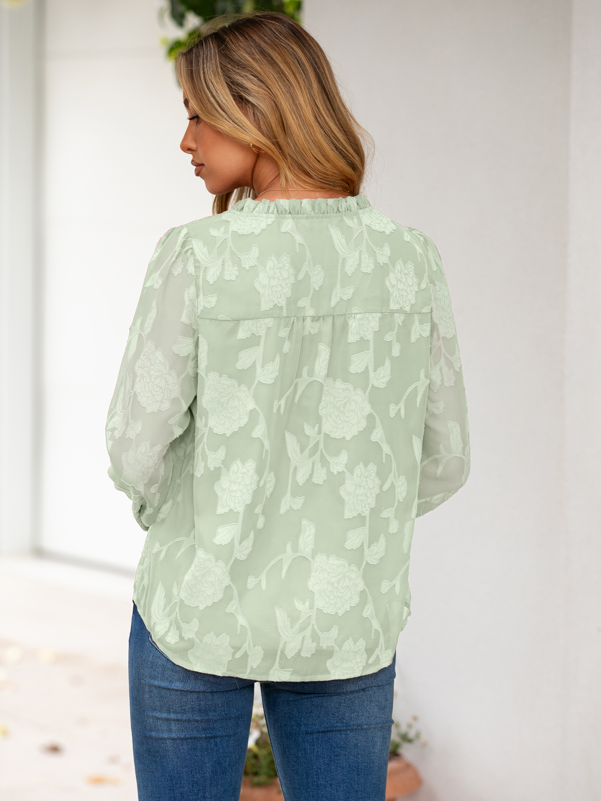 Chiffon Burnout V Neck Long Sleeve Blouse