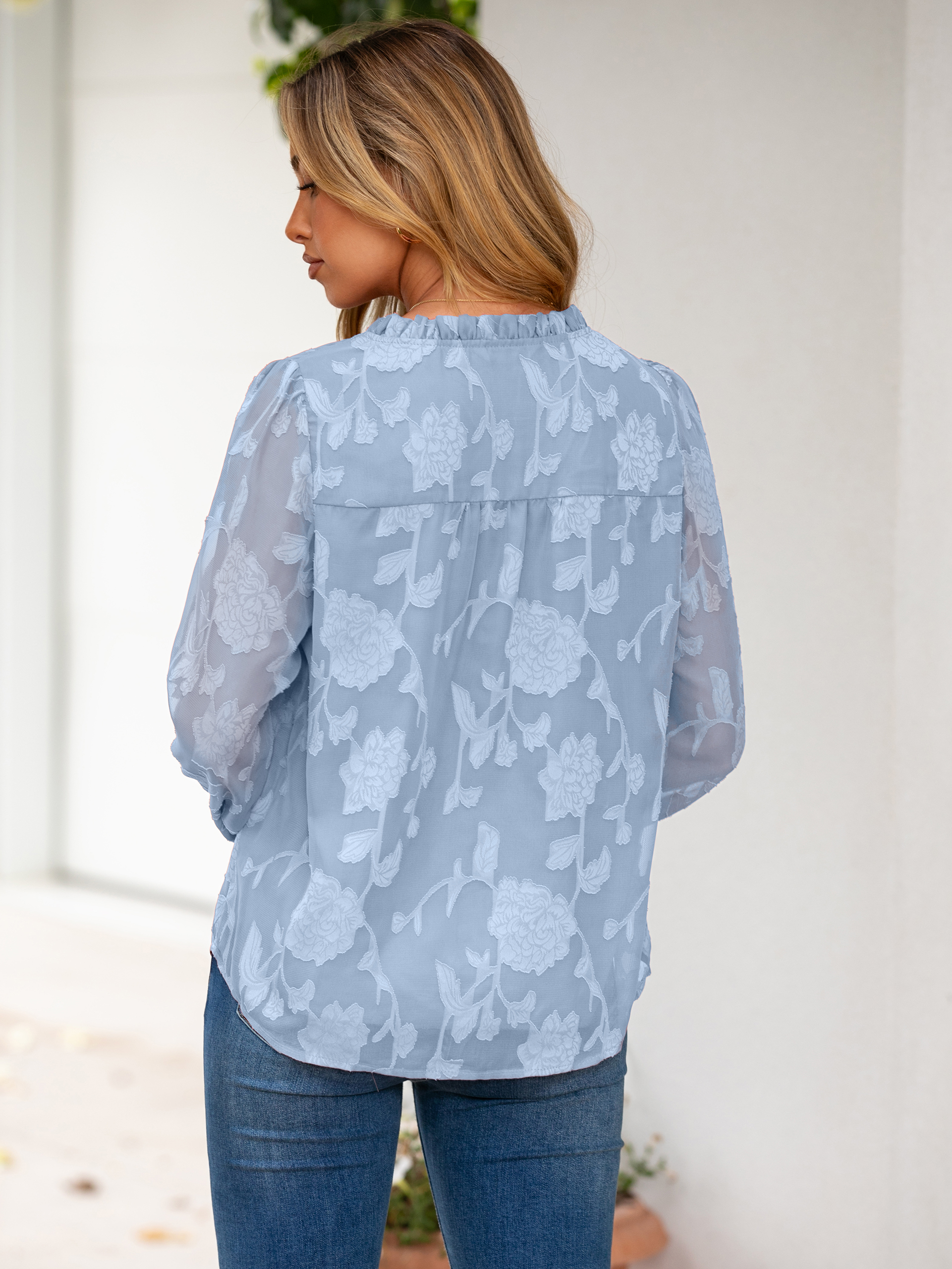 Chiffon Burnout V Neck Long Sleeve Blouse