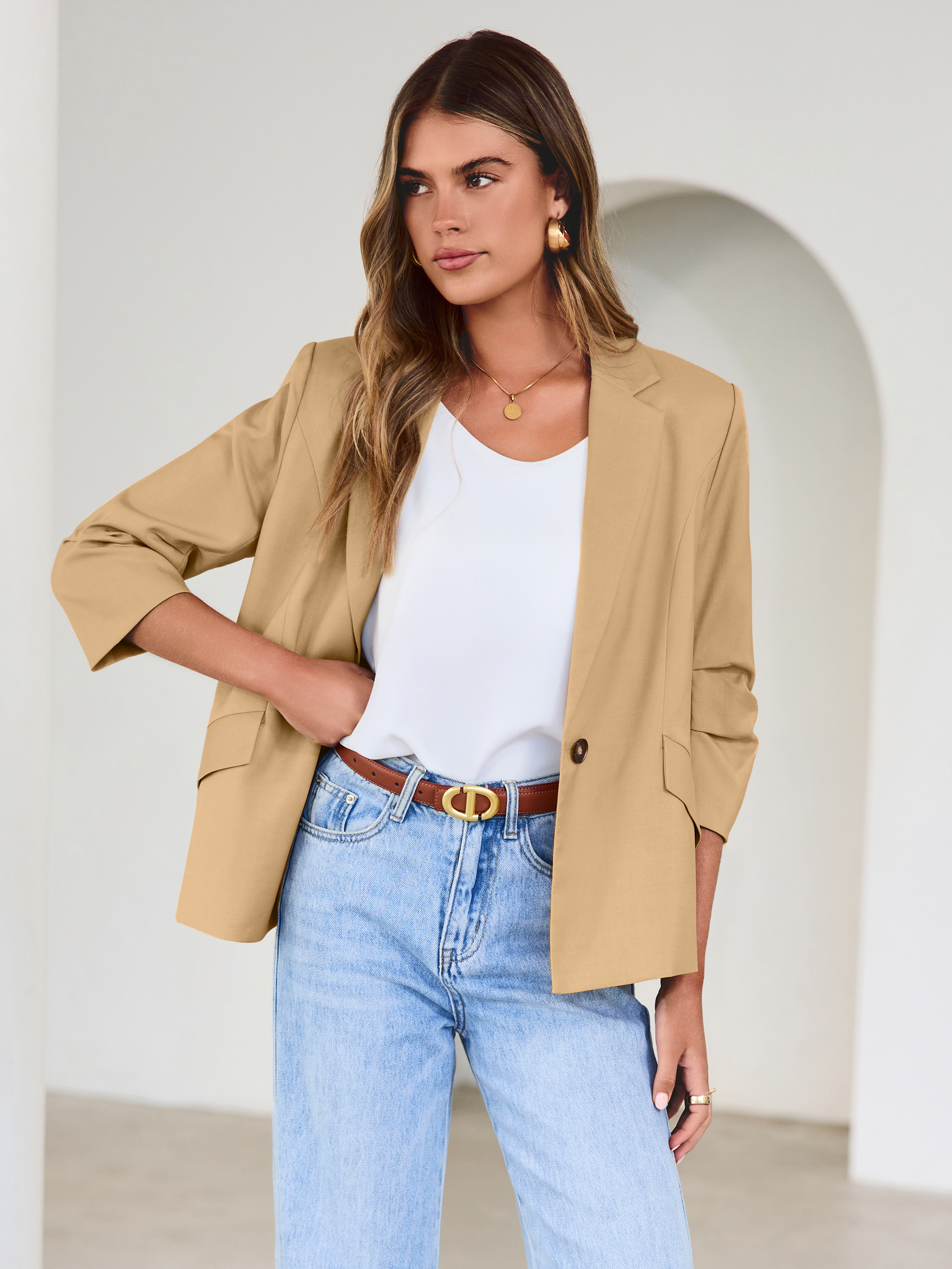 Relaxed Fit 3/4 Sleeve Notch Lapel Blazer