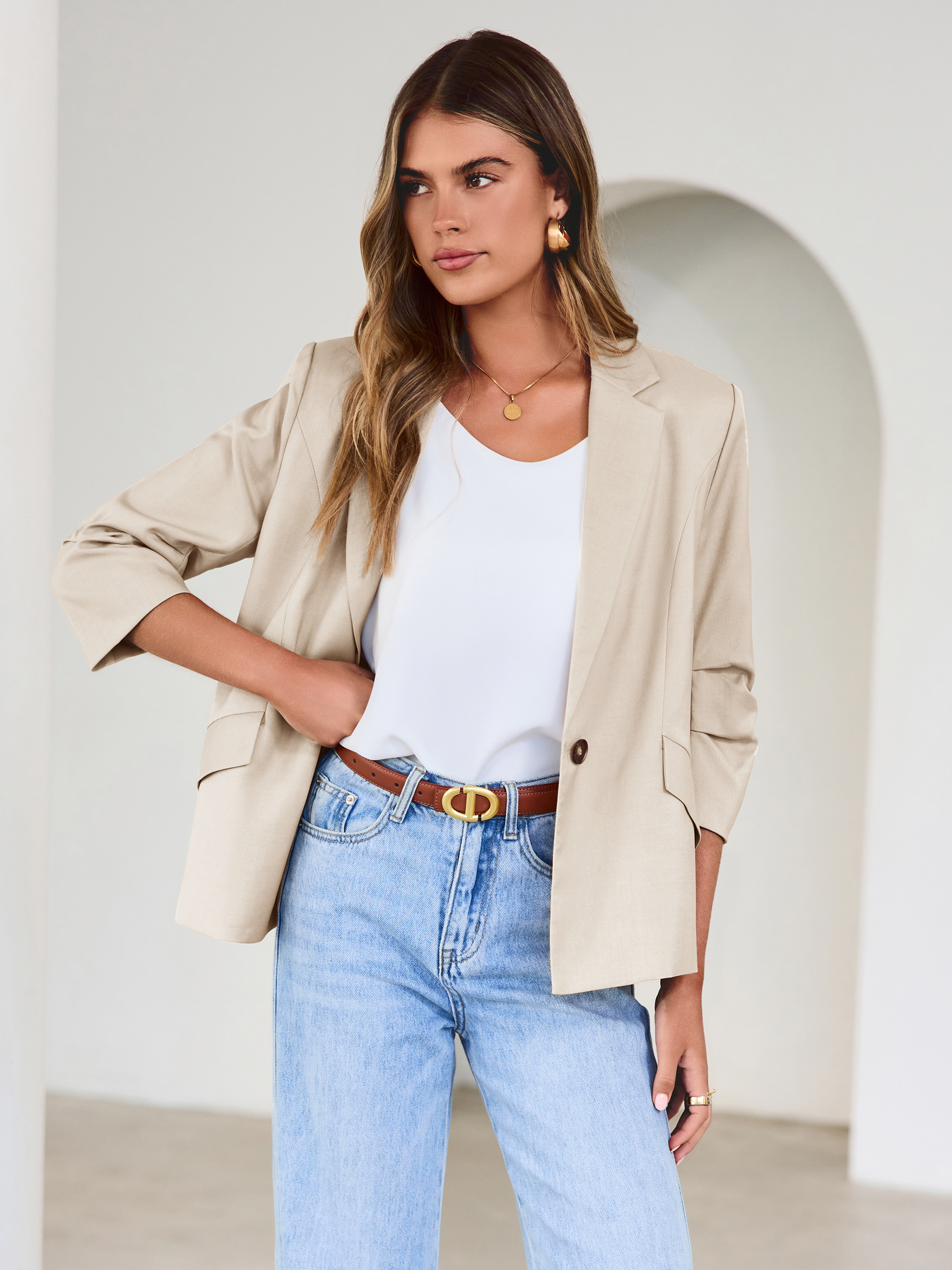 Relaxed Fit 3/4 Sleeve Notch Lapel Blazer