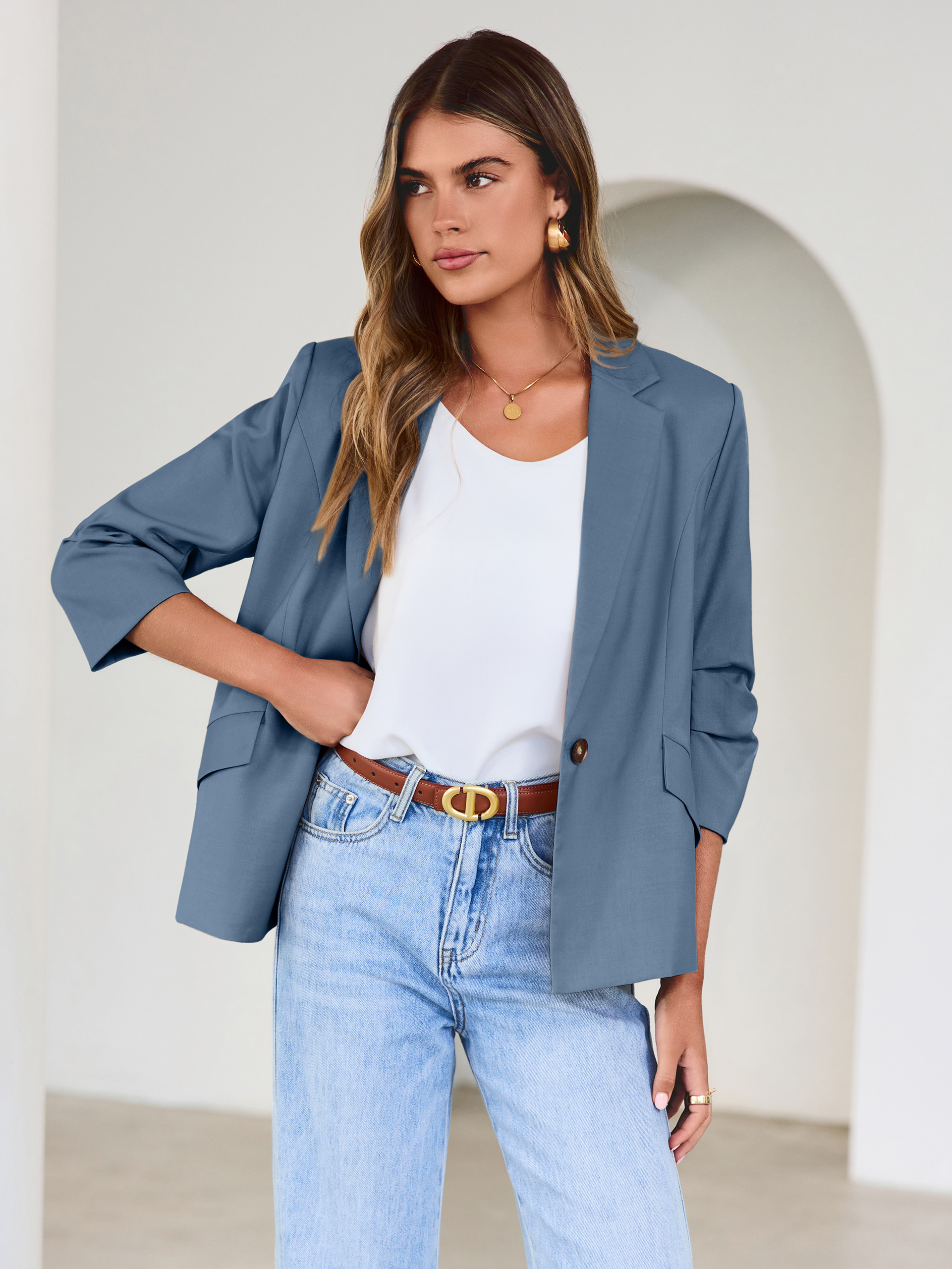 Relaxed Fit 3/4 Sleeve Notch Lapel Blazer