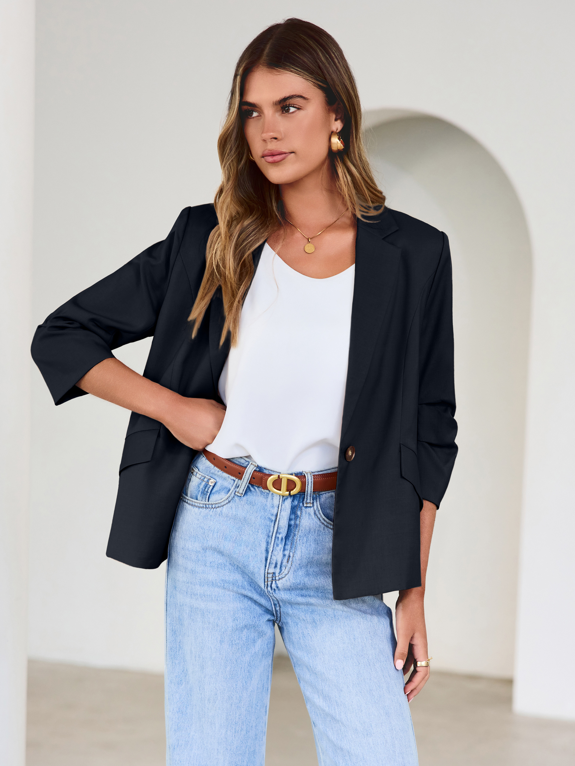 Relaxed Fit 3/4 Sleeve Notch Lapel Blazer