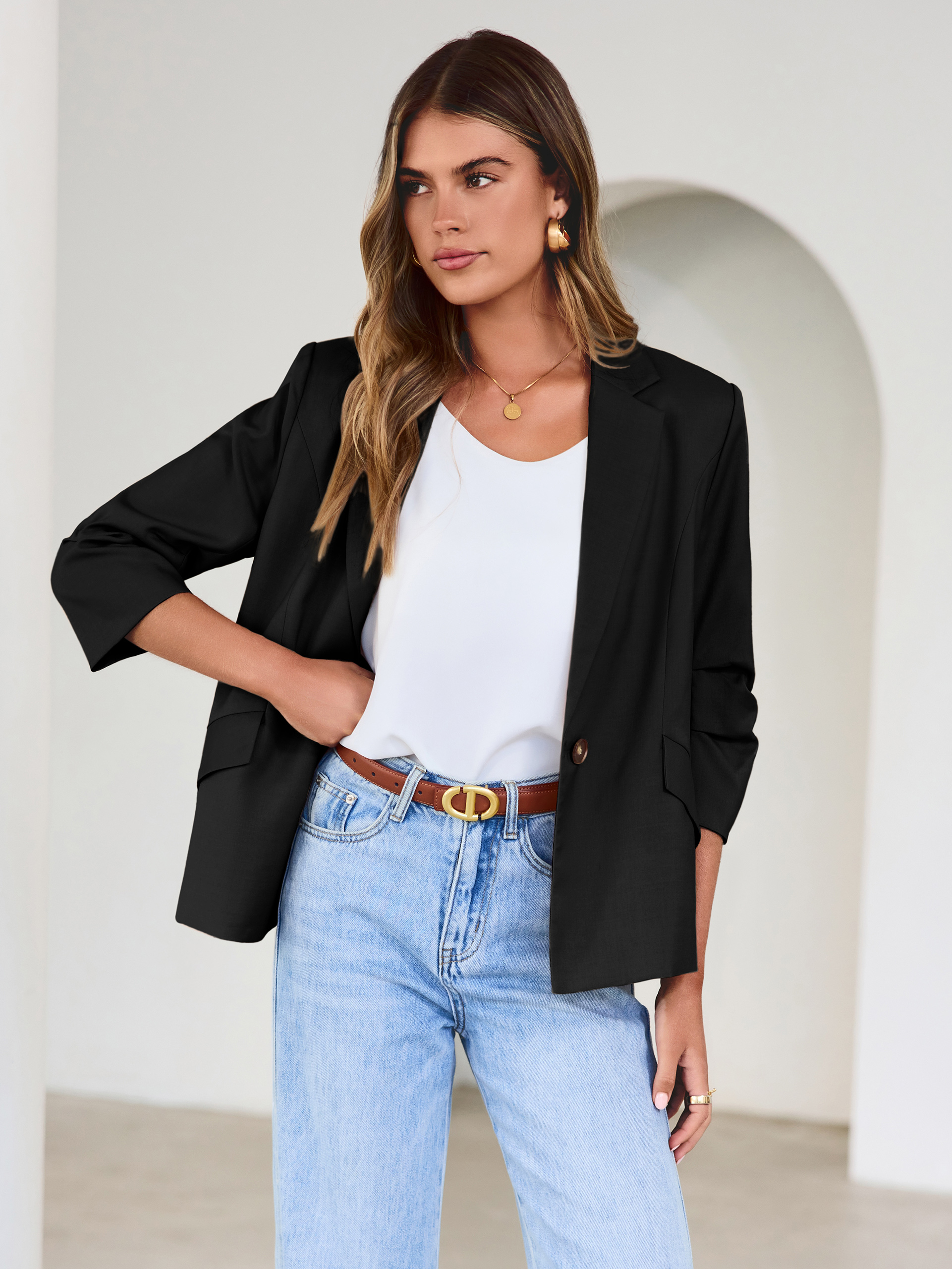 Relaxed Fit 3/4 Sleeve Notch Lapel Blazer