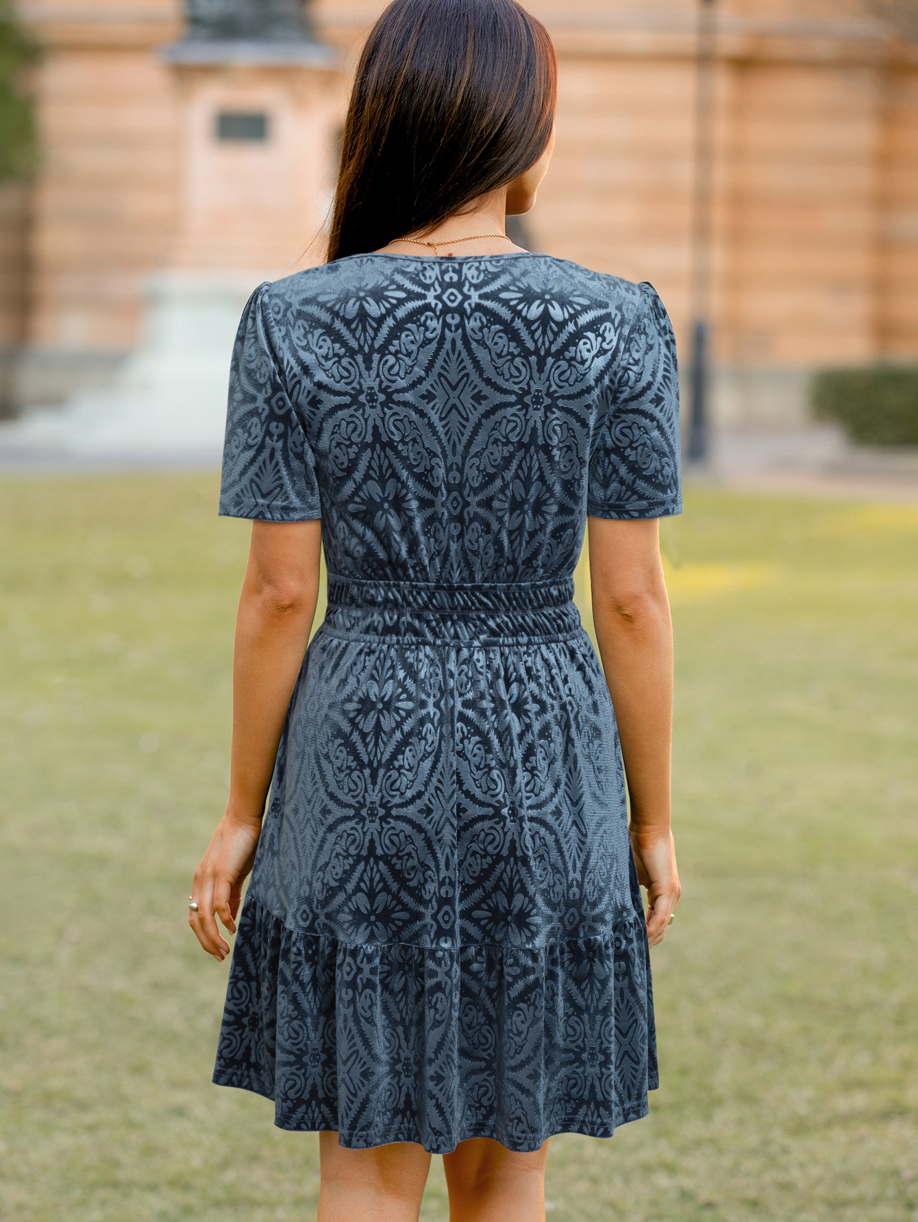 Floral V Neck Smocked Waist Ruffle Velvet Dress