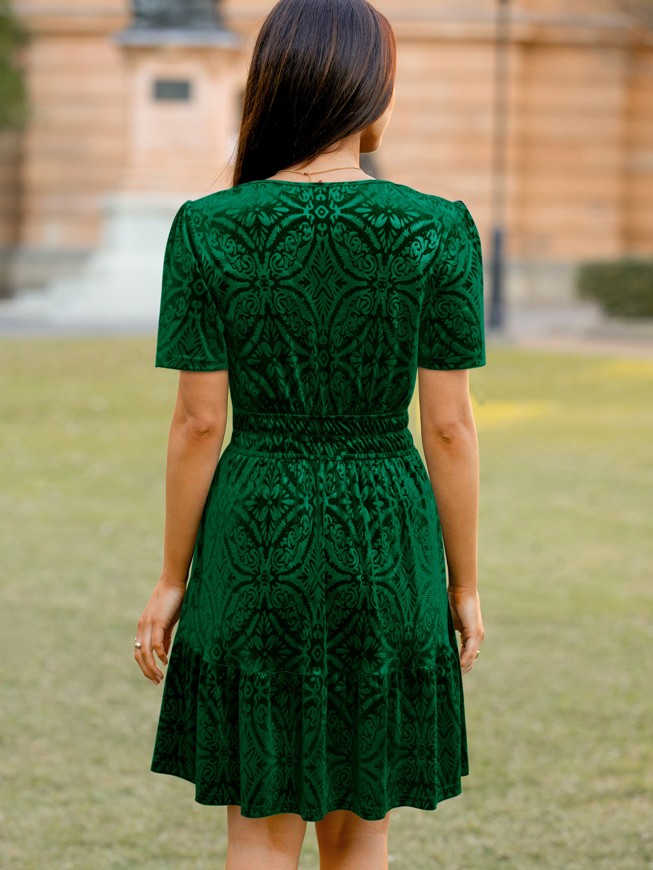 Floral V Neck Smocked Waist Ruffle Velvet Dress