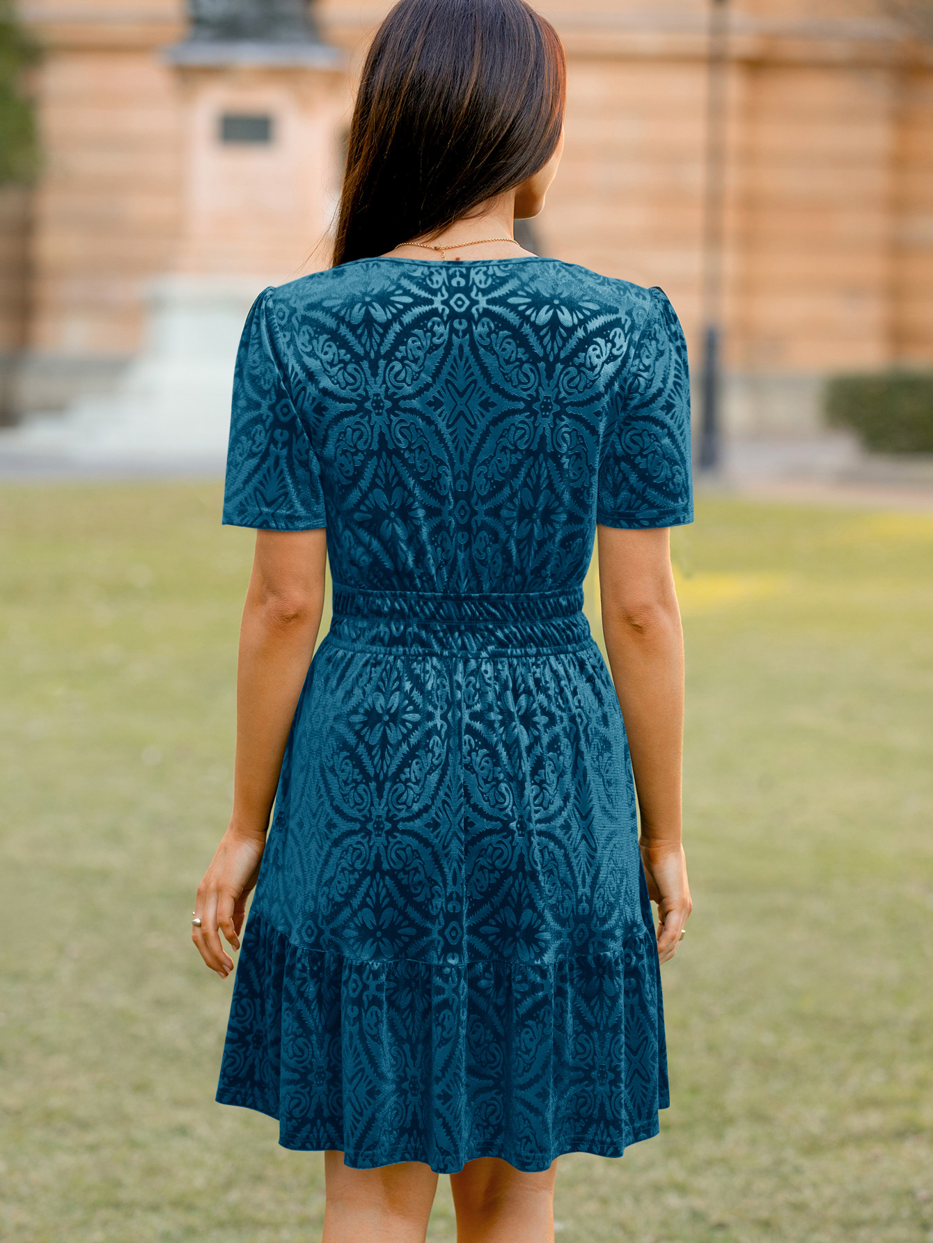 Floral V Neck Smocked Waist Ruffle Velvet Dress