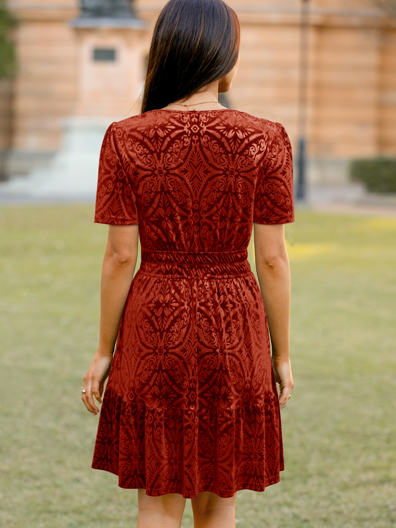 Floral V Neck Smocked Waist Ruffle Velvet Dress