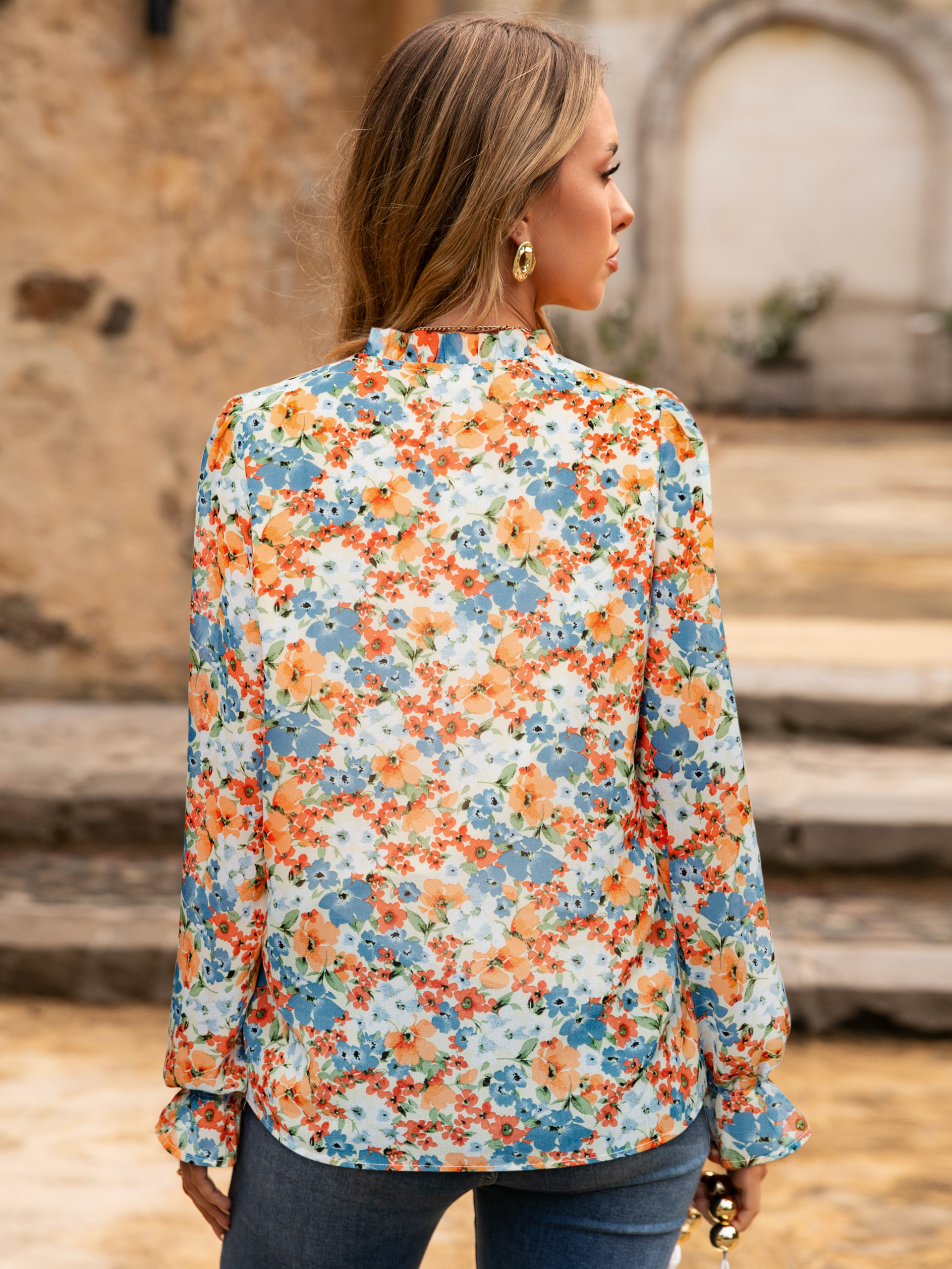 Floral V Neck Puff Sleeve Chiffon Blouse