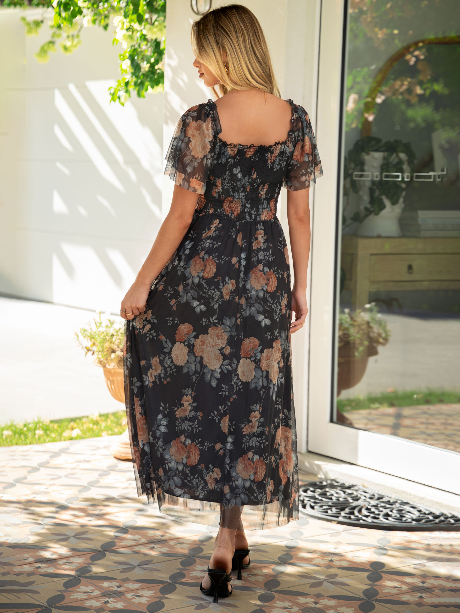 Floral Square Neck Smocked Flutter Sleeve Maxi Dress