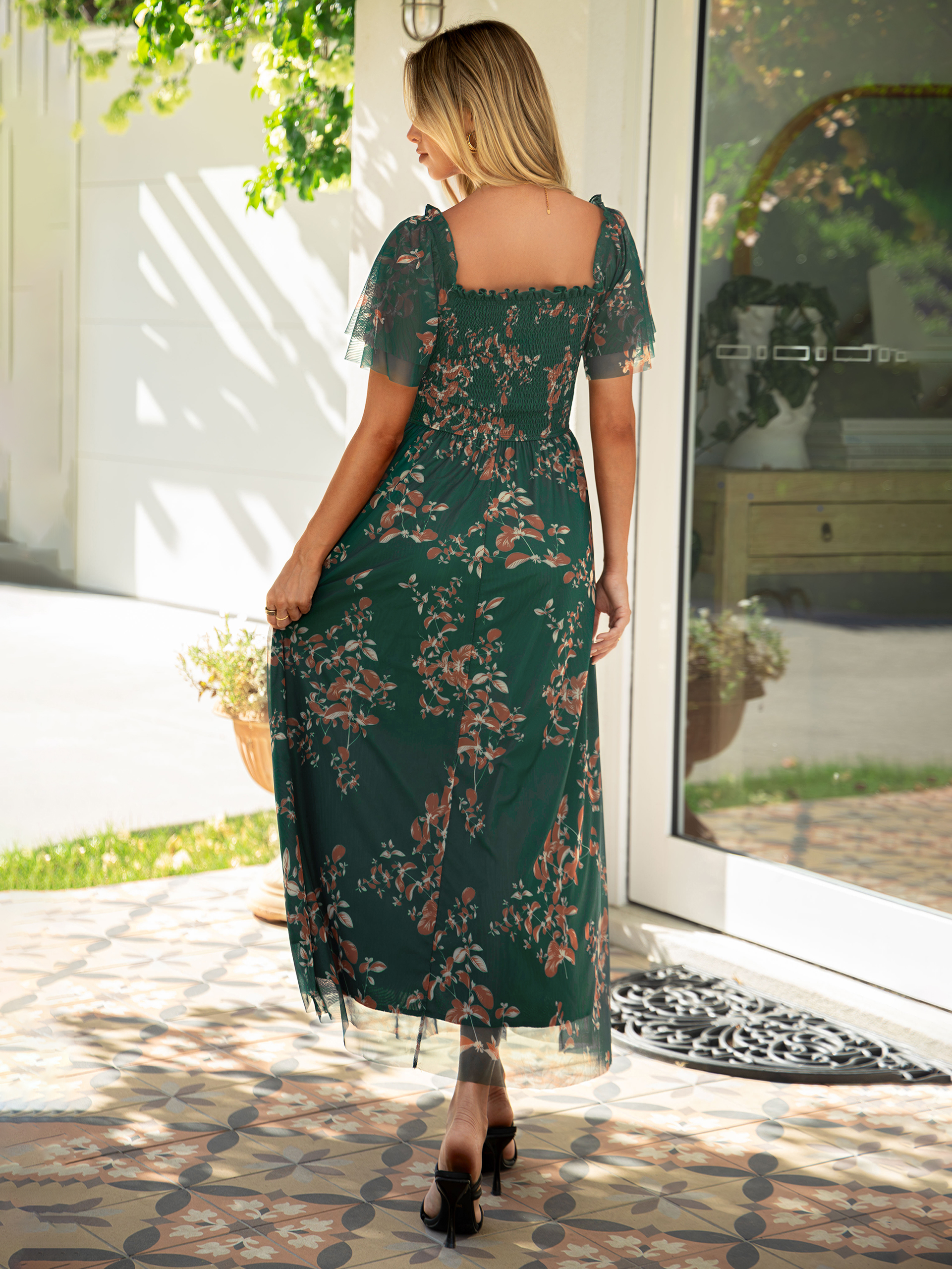 Floral Square Neck Smocked Flutter Sleeve Maxi Dress