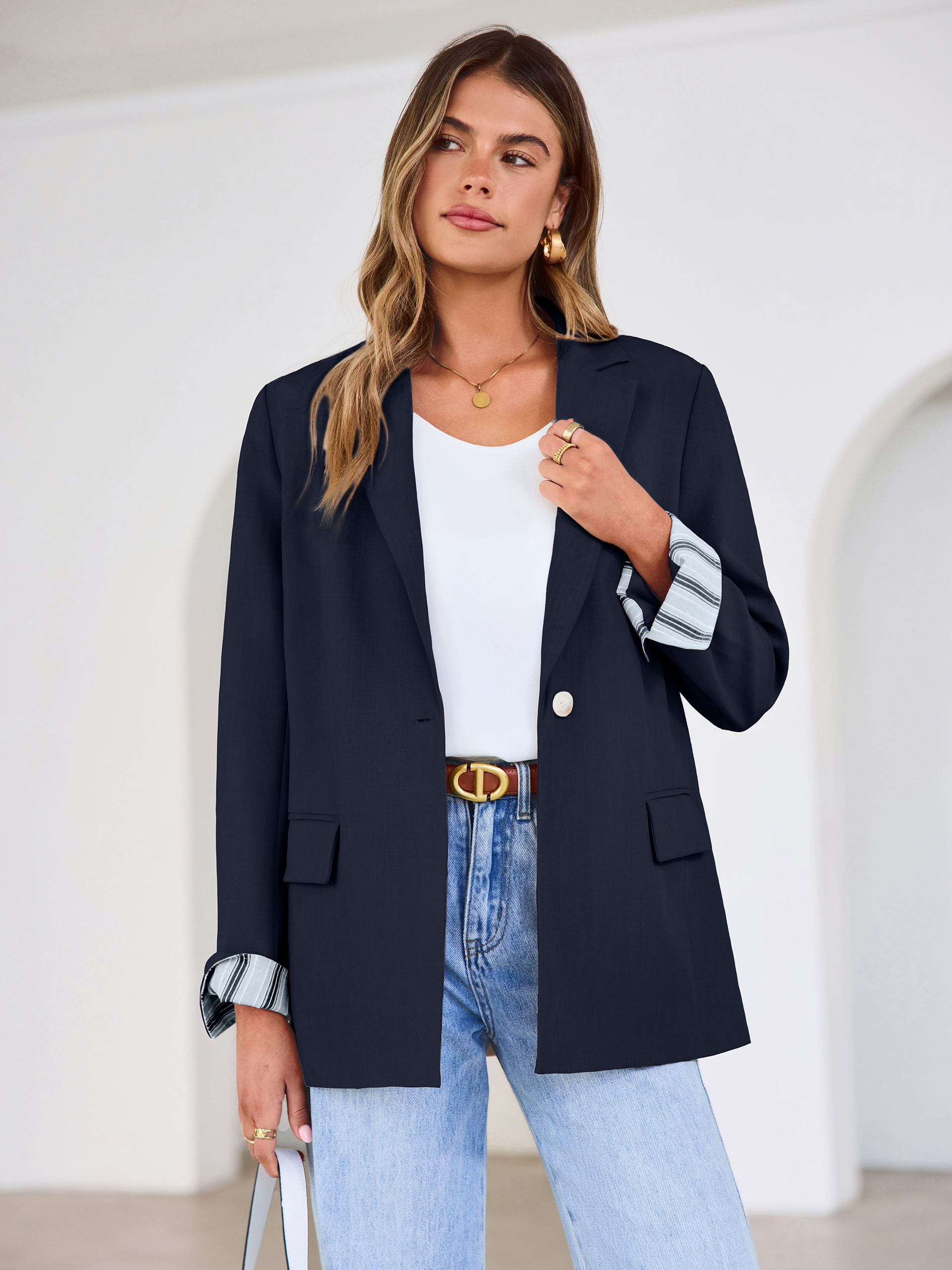 Striped Cuffed Sleeve Notch Lapel Blazer - Navy Blue