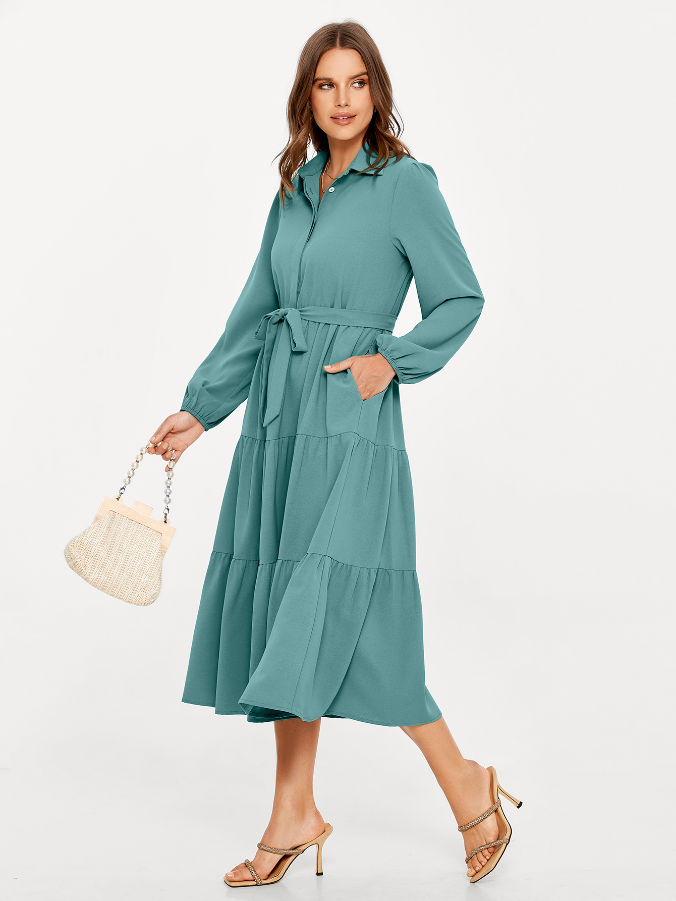 Button Up Lantern Sleeve Flowy Maxi Dress