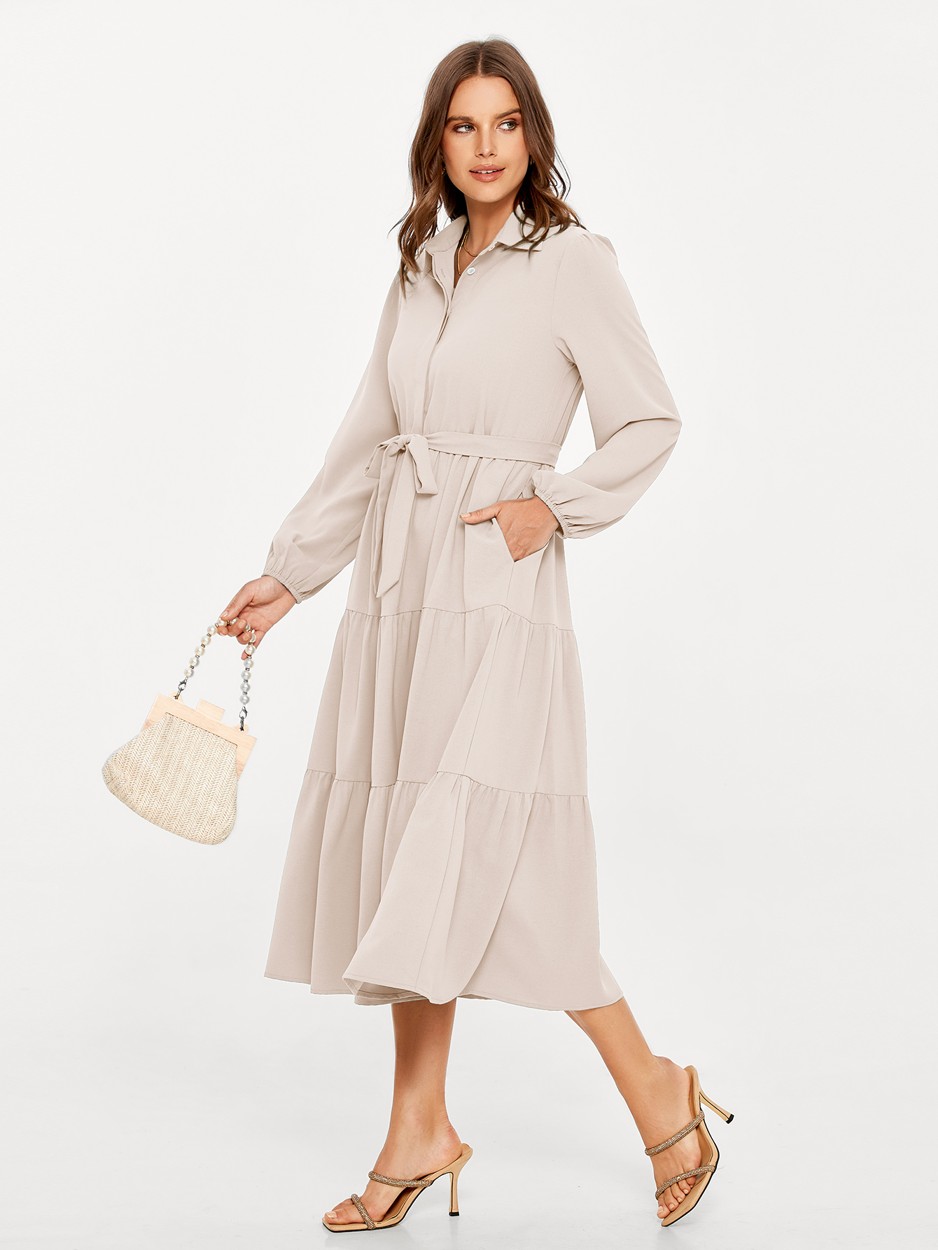 Button Up Lantern Sleeve Flowy Maxi Dress