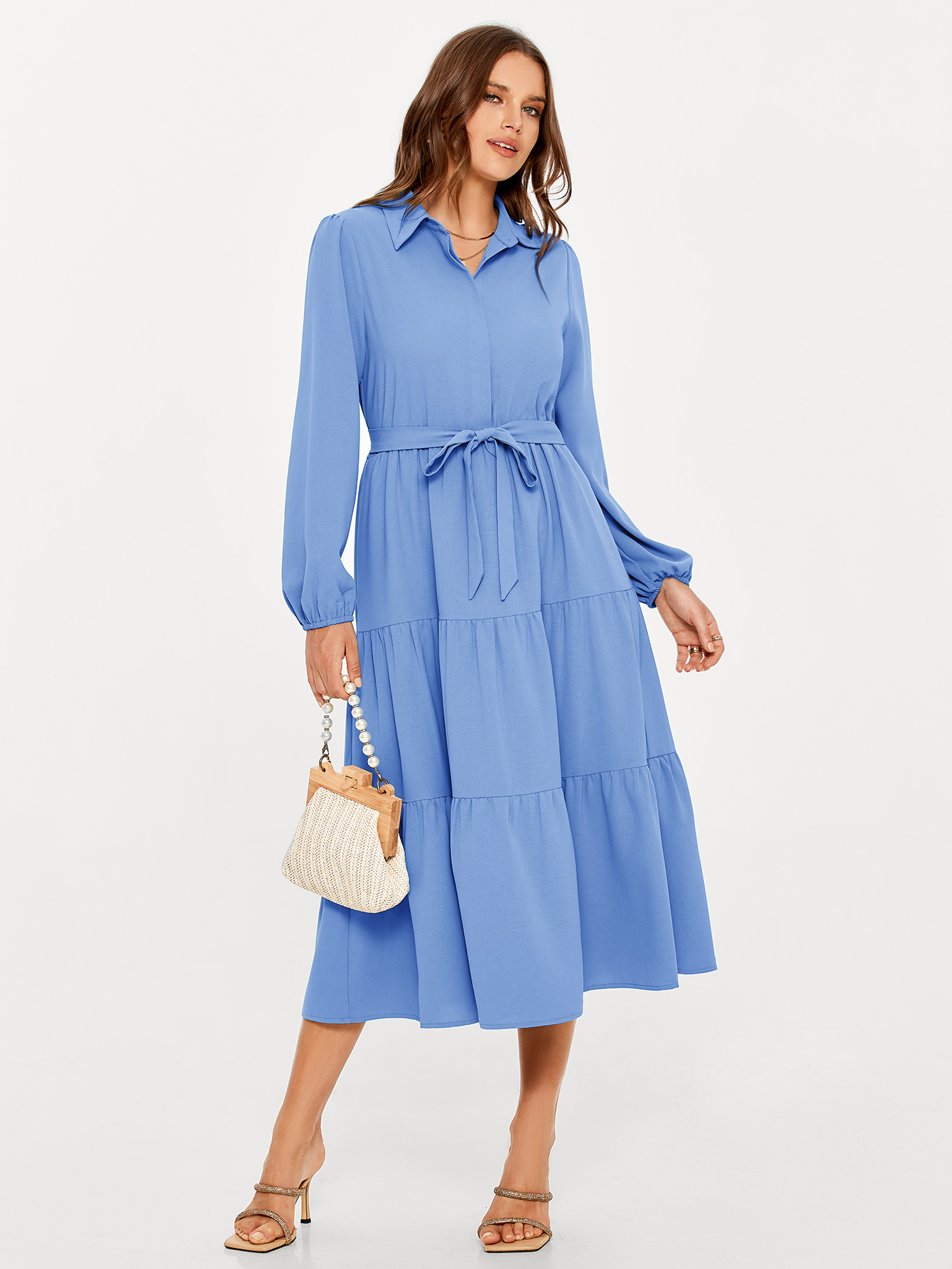 Button Up Lantern Sleeve Flowy Maxi Dress