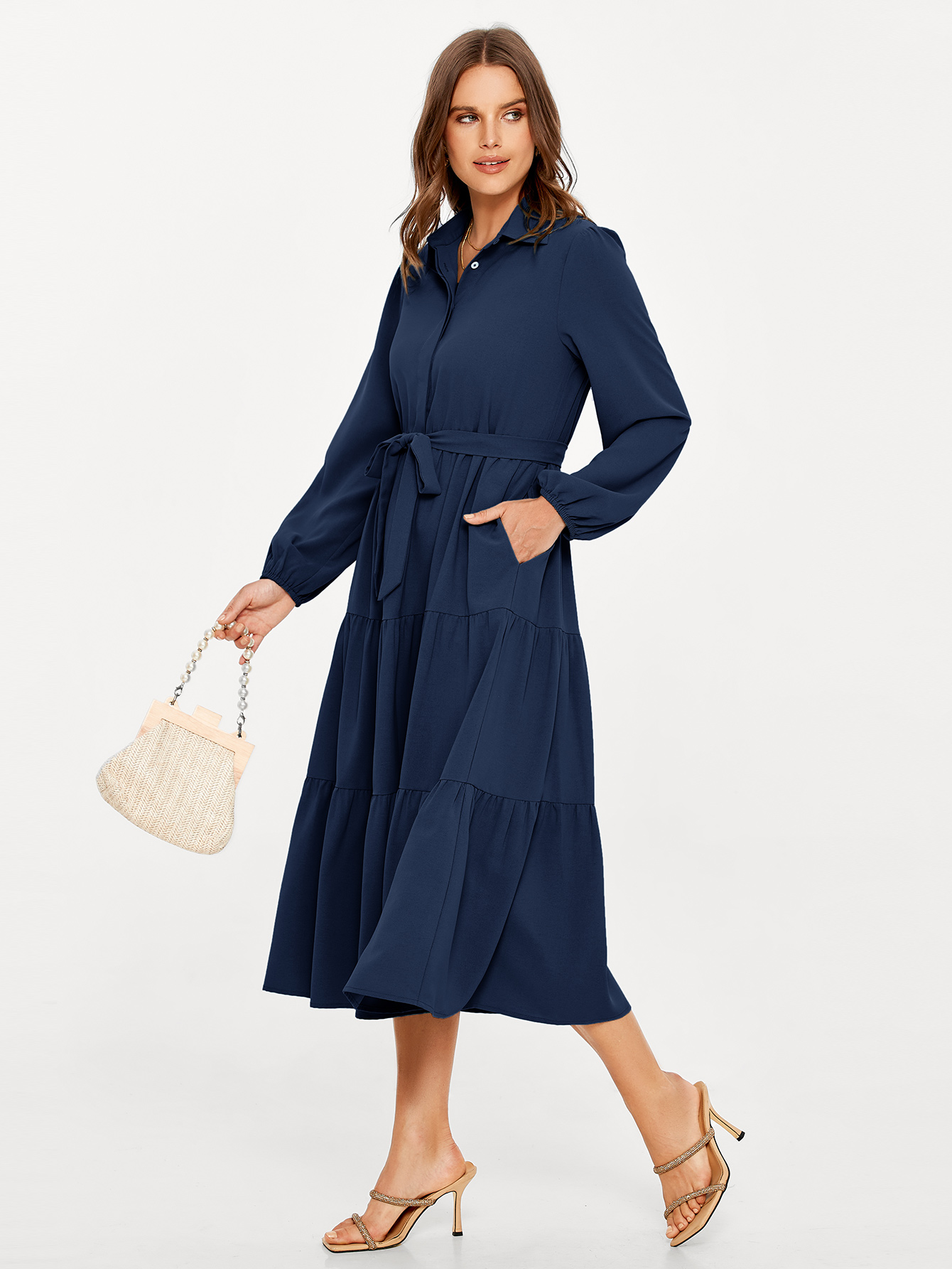 Button Up Lantern Sleeve Flowy Maxi Dress