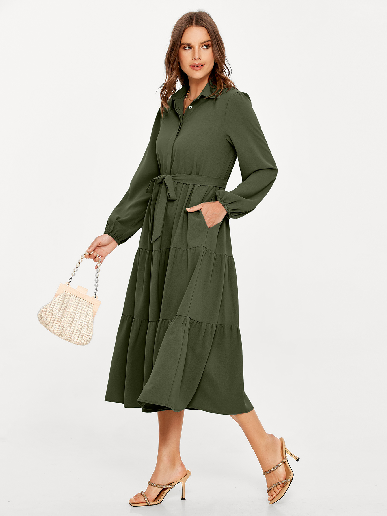 Button Up Lantern Sleeve Flowy Maxi Dress