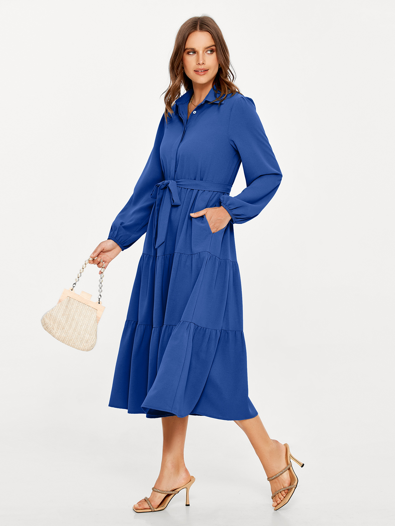 Button Up Lantern Sleeve Flowy Maxi Dress