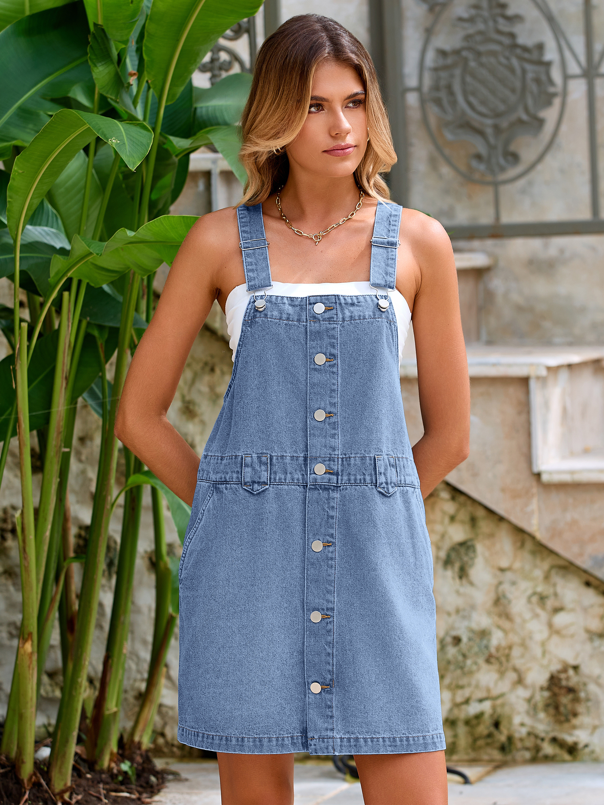Square Neck Adjustable Strap Mini Denim Dress