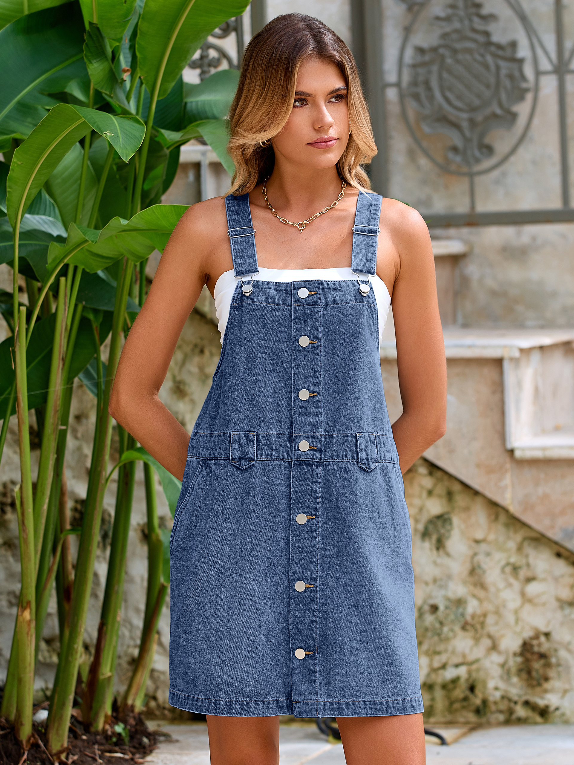 Square Neck Adjustable Strap Mini Denim Dress