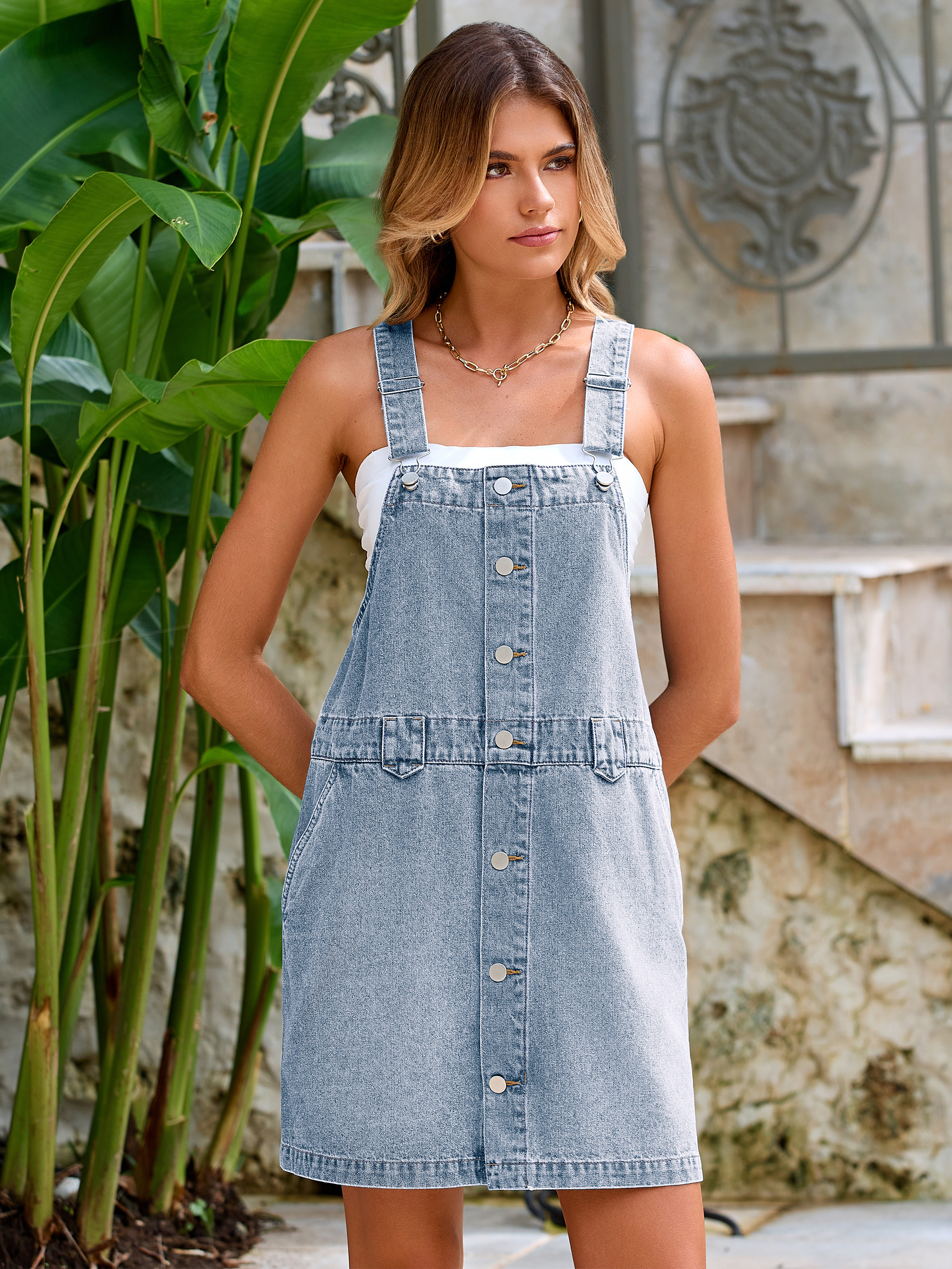 Square Neck Adjustable Strap Mini Denim Dress