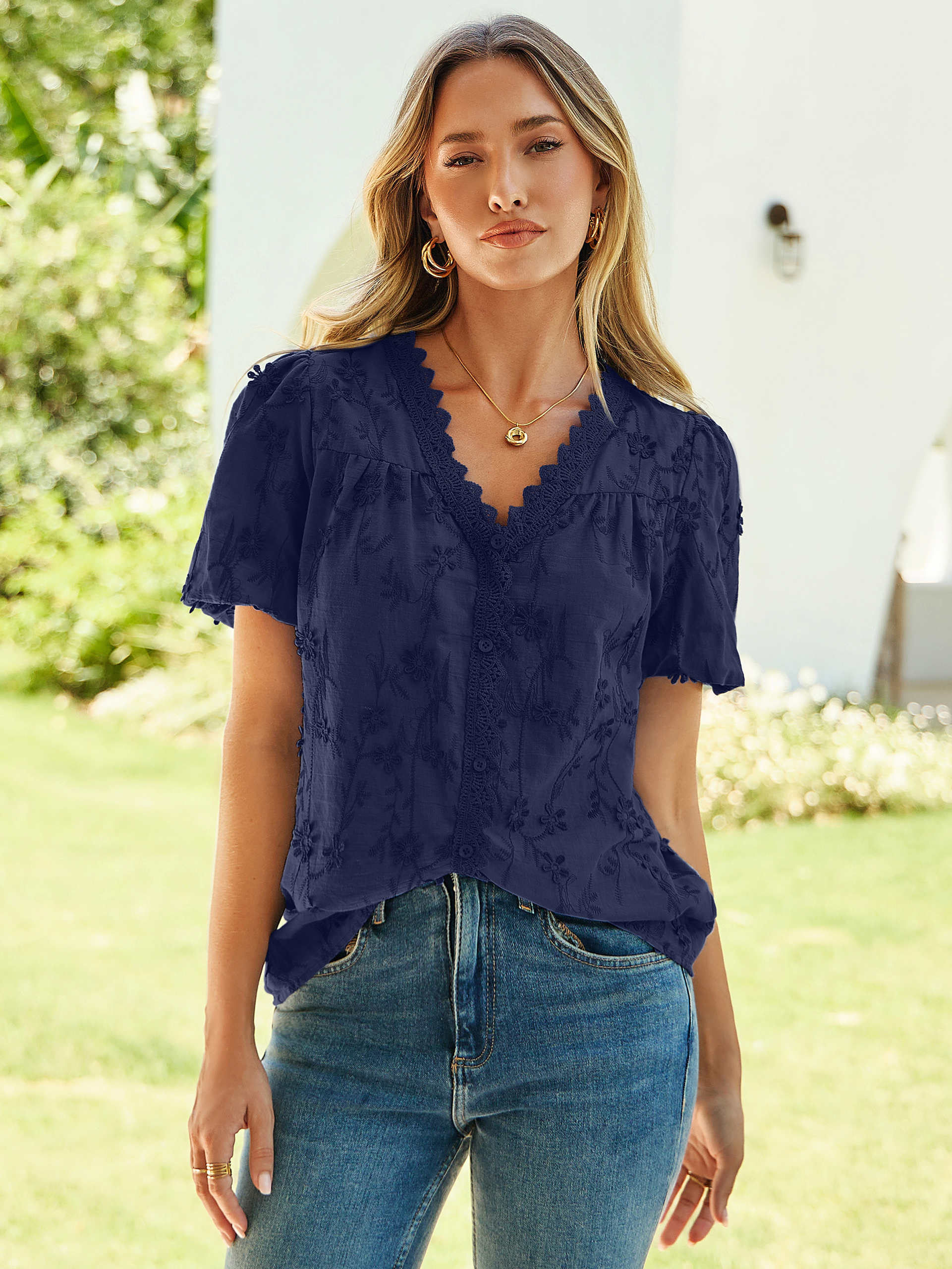 Lace V Neck Floral Embroidery Button Down Top