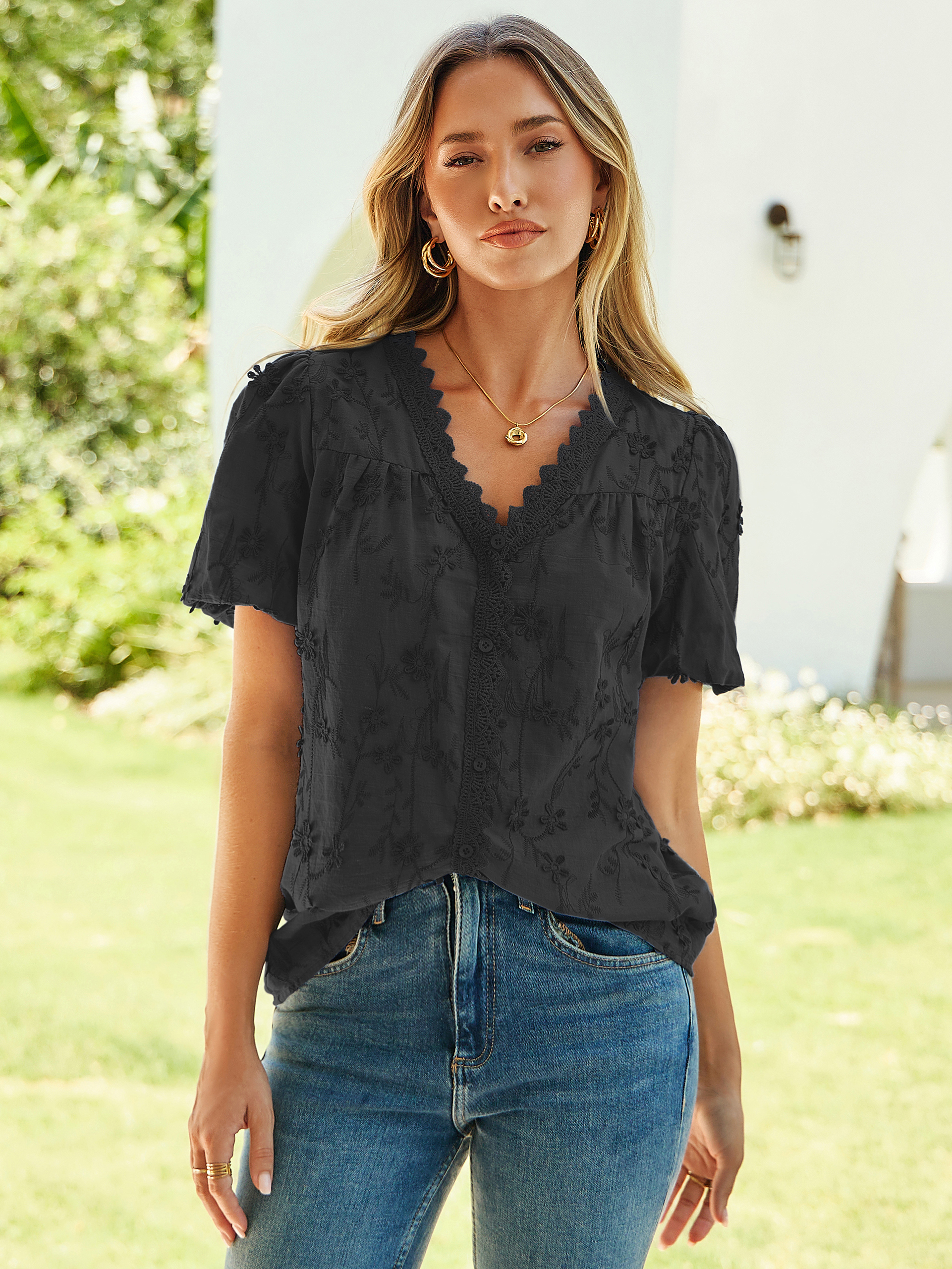 Lace V Neck Floral Embroidery Button Down Top