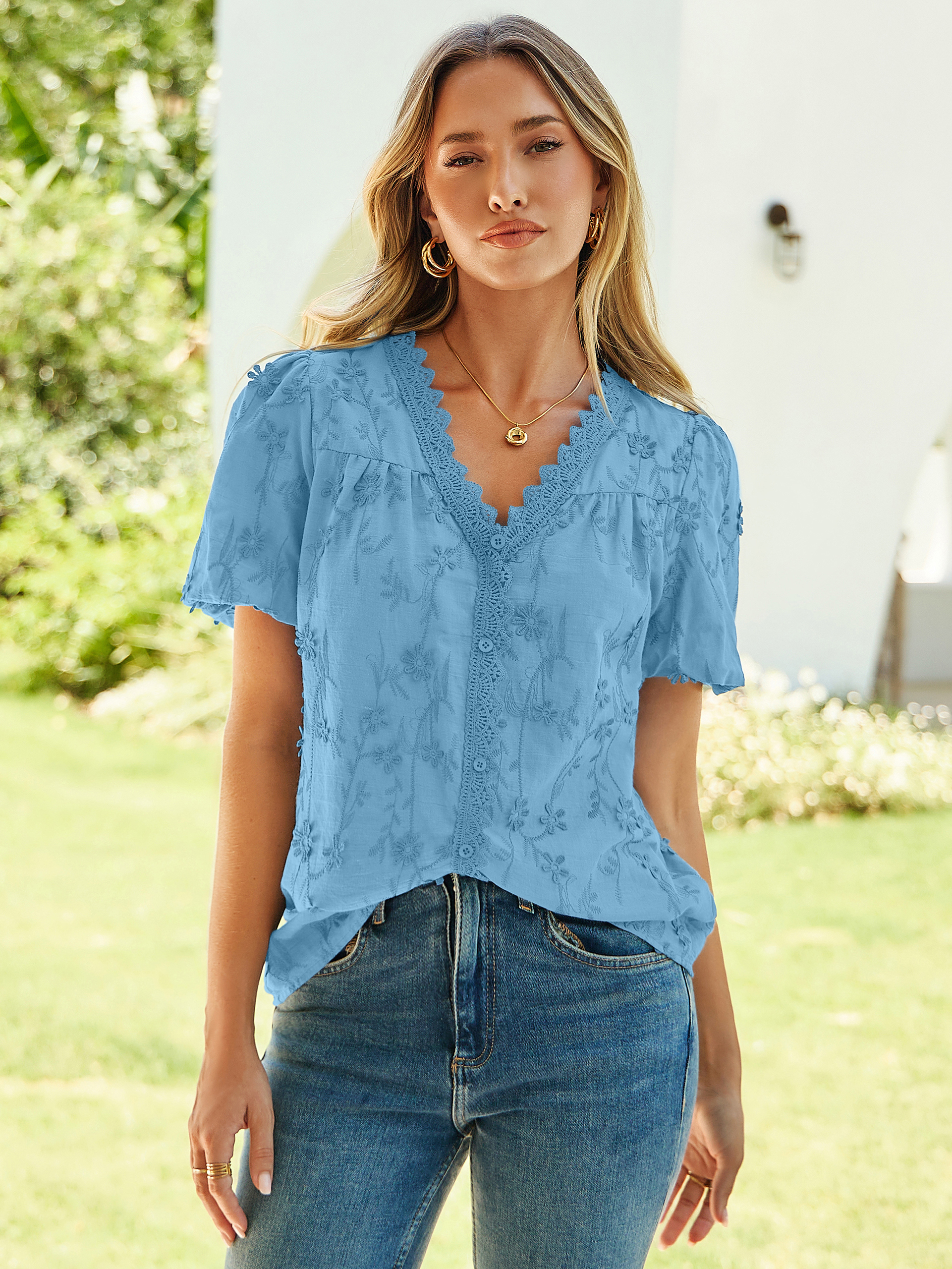Lace V Neck Floral Embroidery Button Down Top
