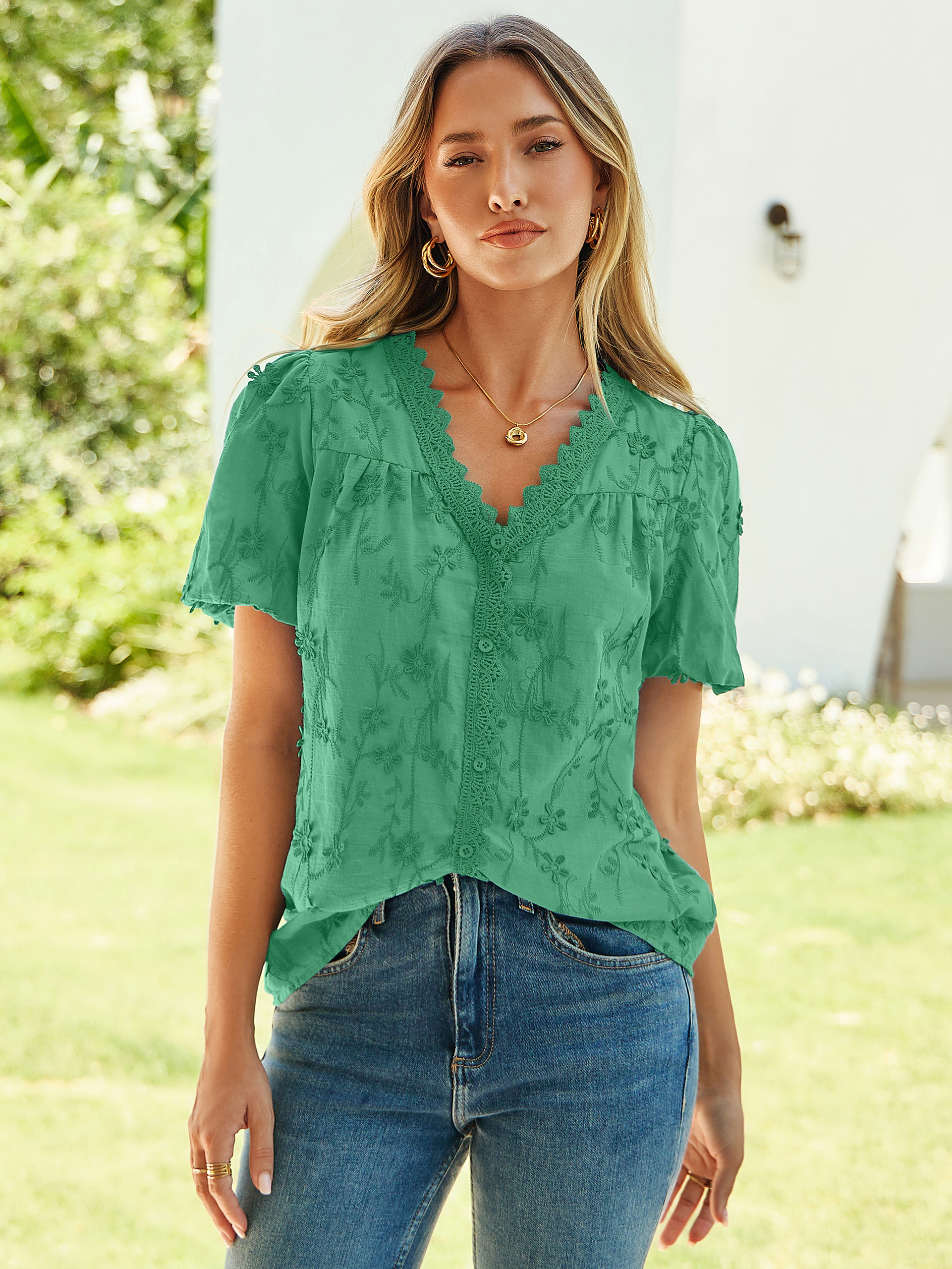 Lace V Neck Floral Embroidery Button Down Top