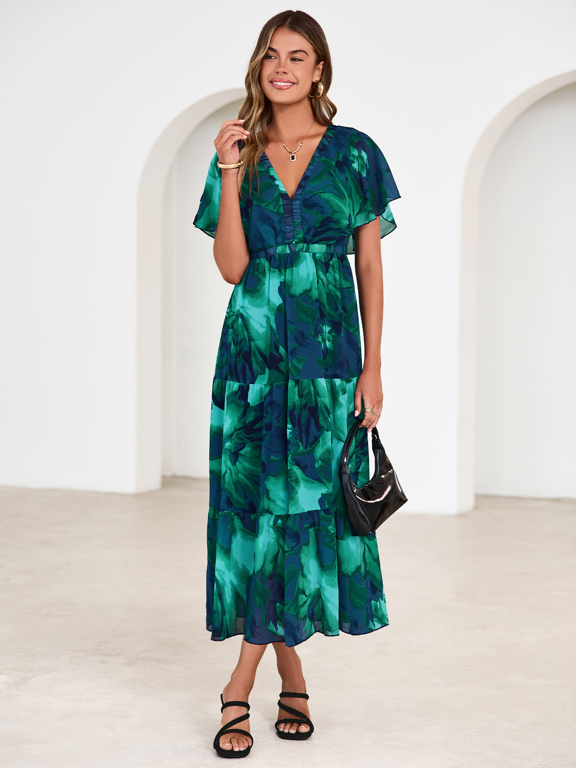 Floral V Neck Ruffle Sleeve Backless Maxi Dress