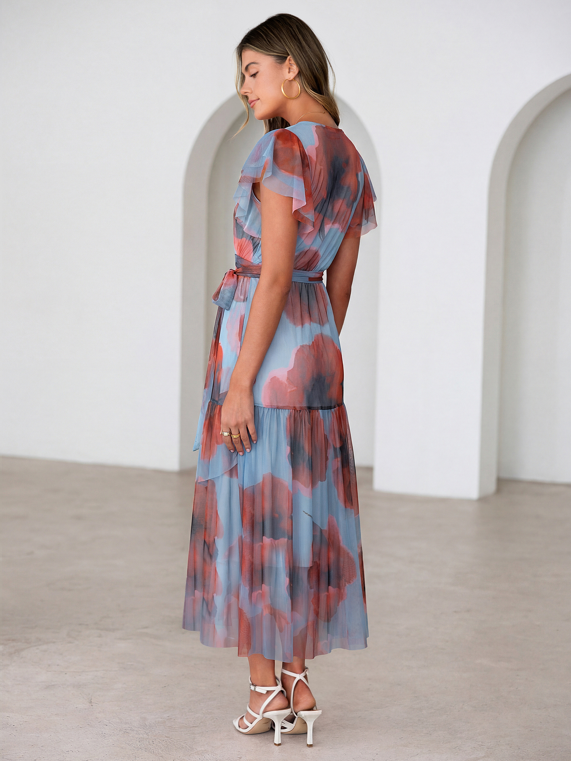 Floral V Neck Flutter Sleeve Flowy Maxi Dress