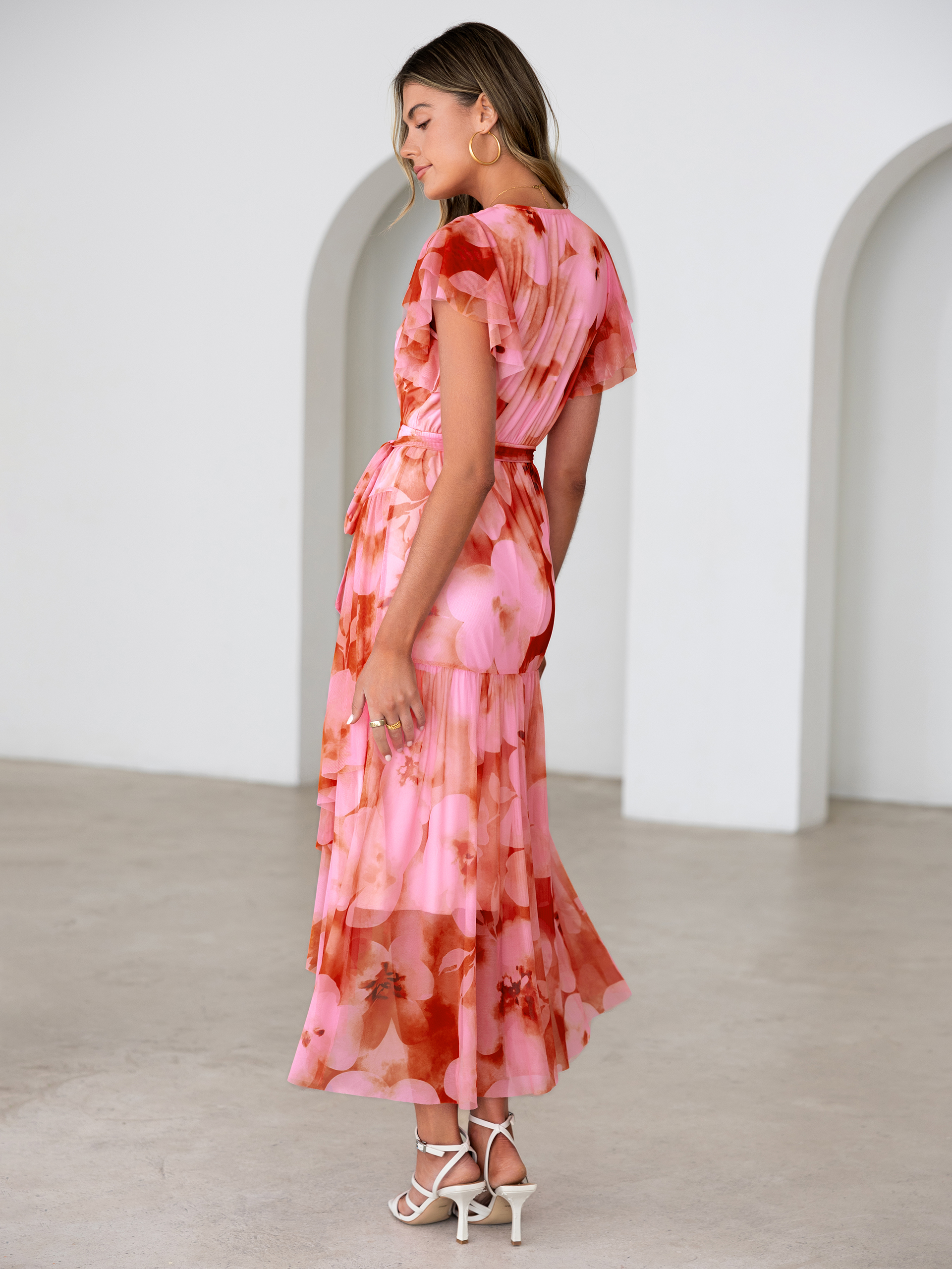 Floral V Neck Flutter Sleeve Flowy Maxi Dress