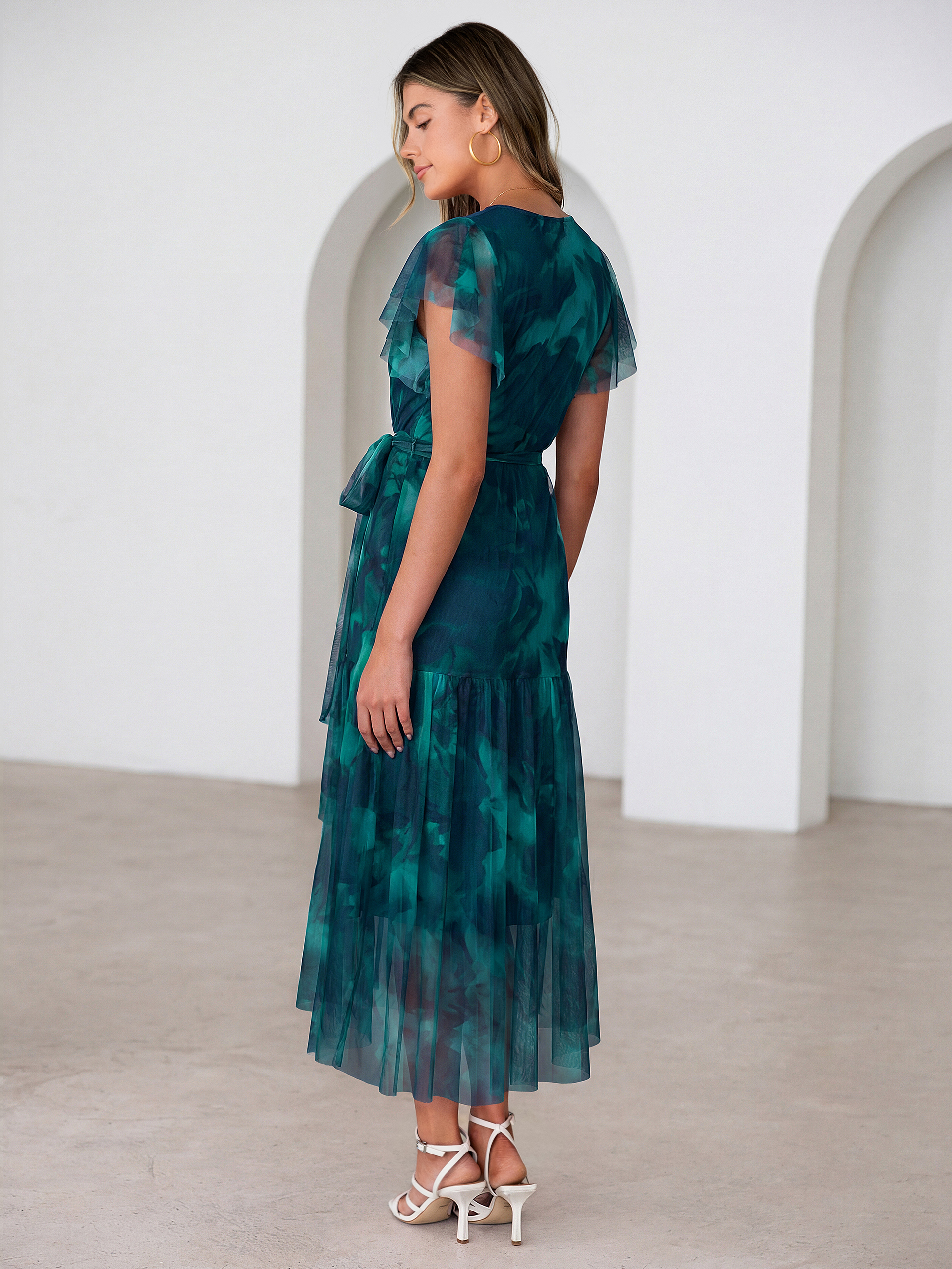 Floral V Neck Flutter Sleeve Flowy Maxi Dress