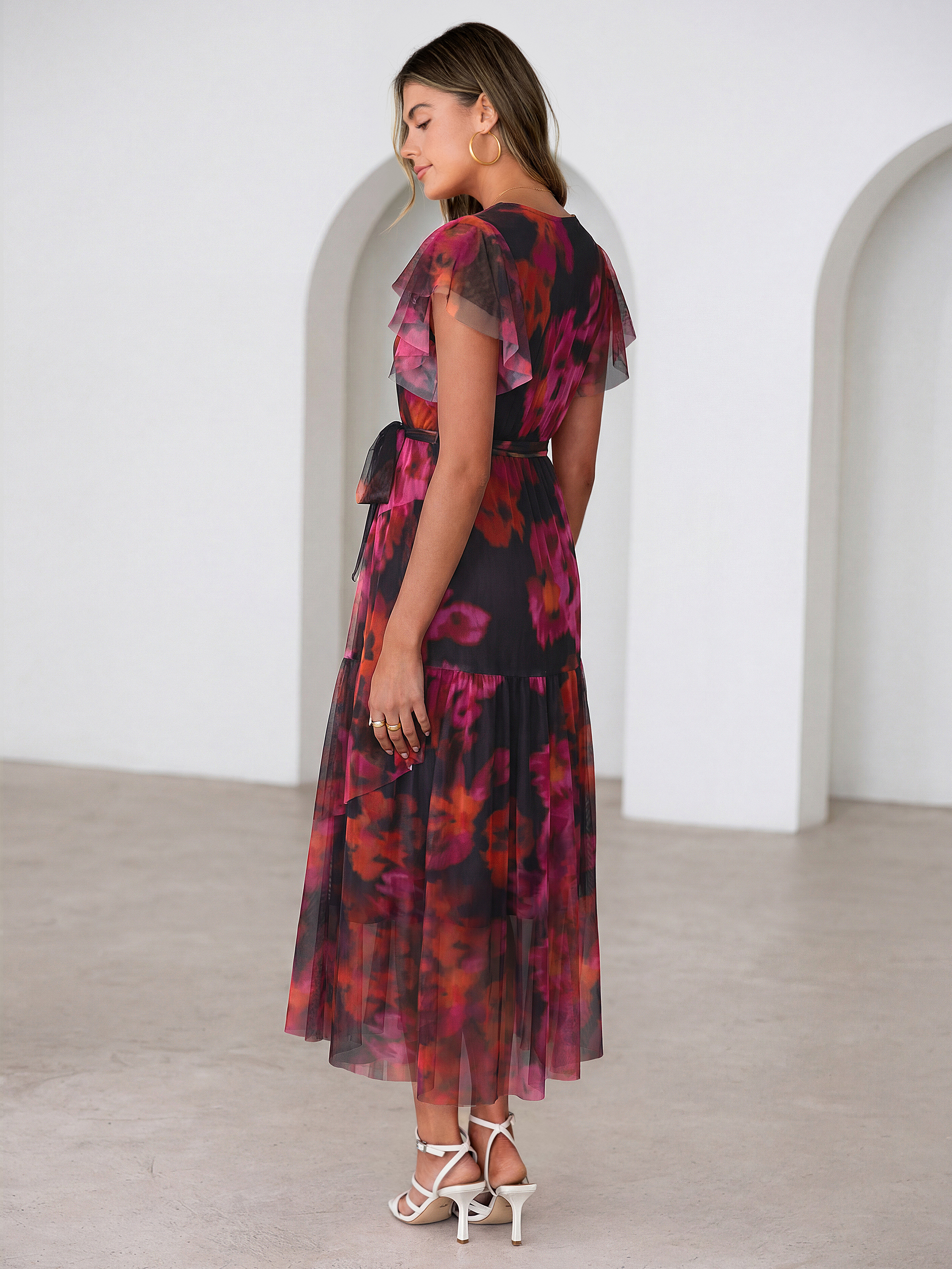 Floral V Neck Flutter Sleeve Flowy Maxi Dress