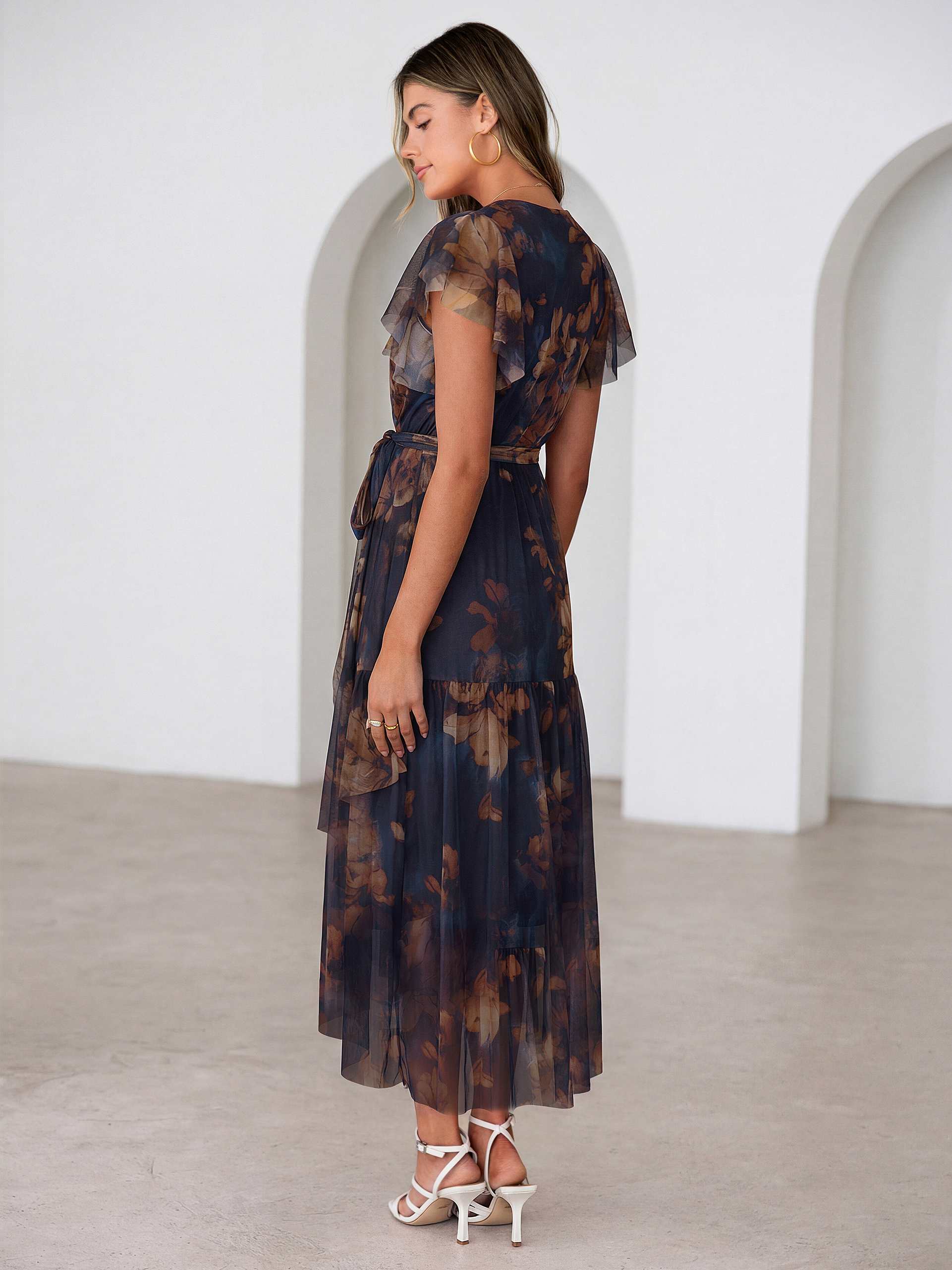 Floral V Neck Flutter Sleeve Flowy Maxi Dress