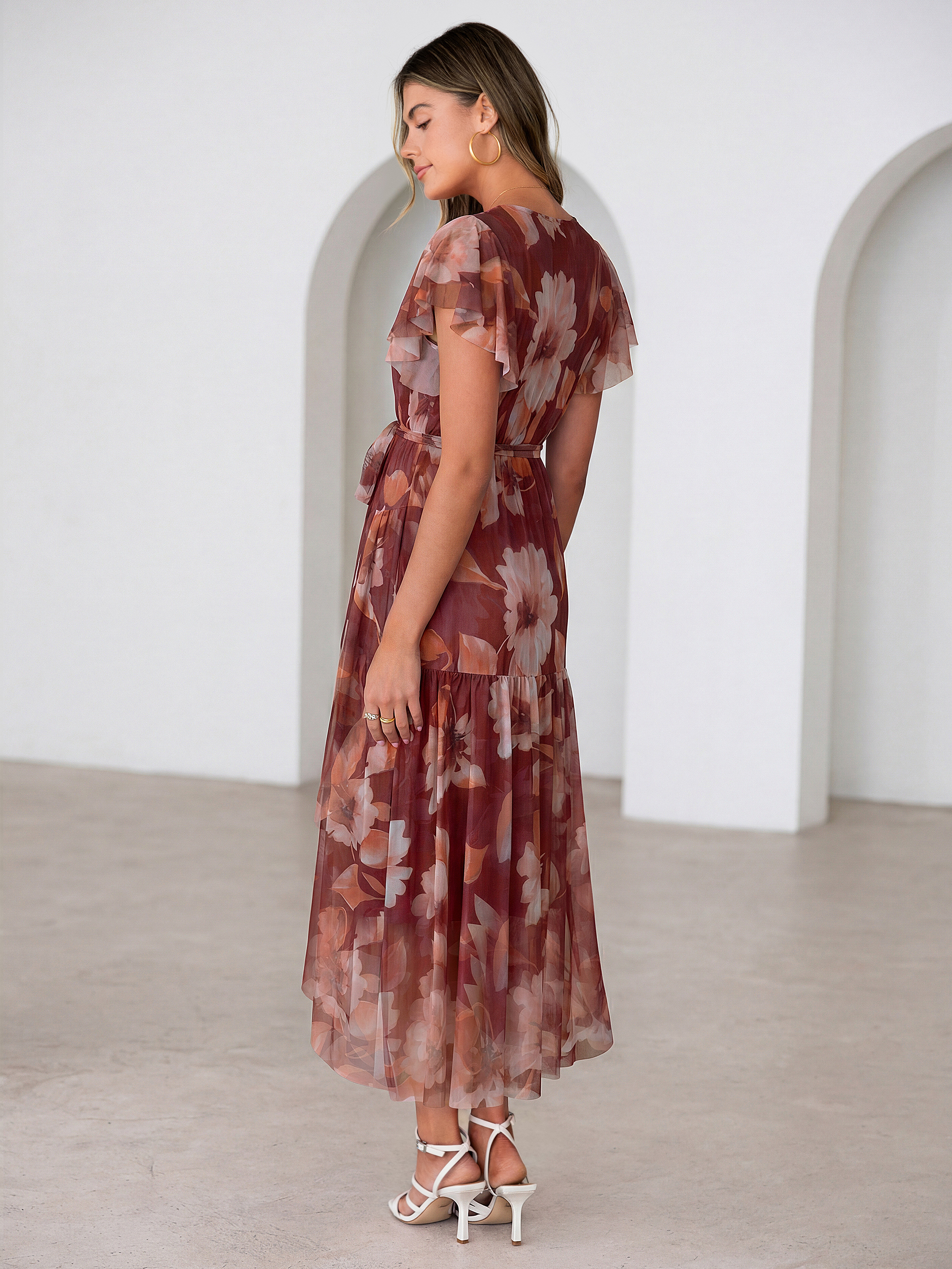 Floral V Neck Flutter Sleeve Flowy Maxi Dress