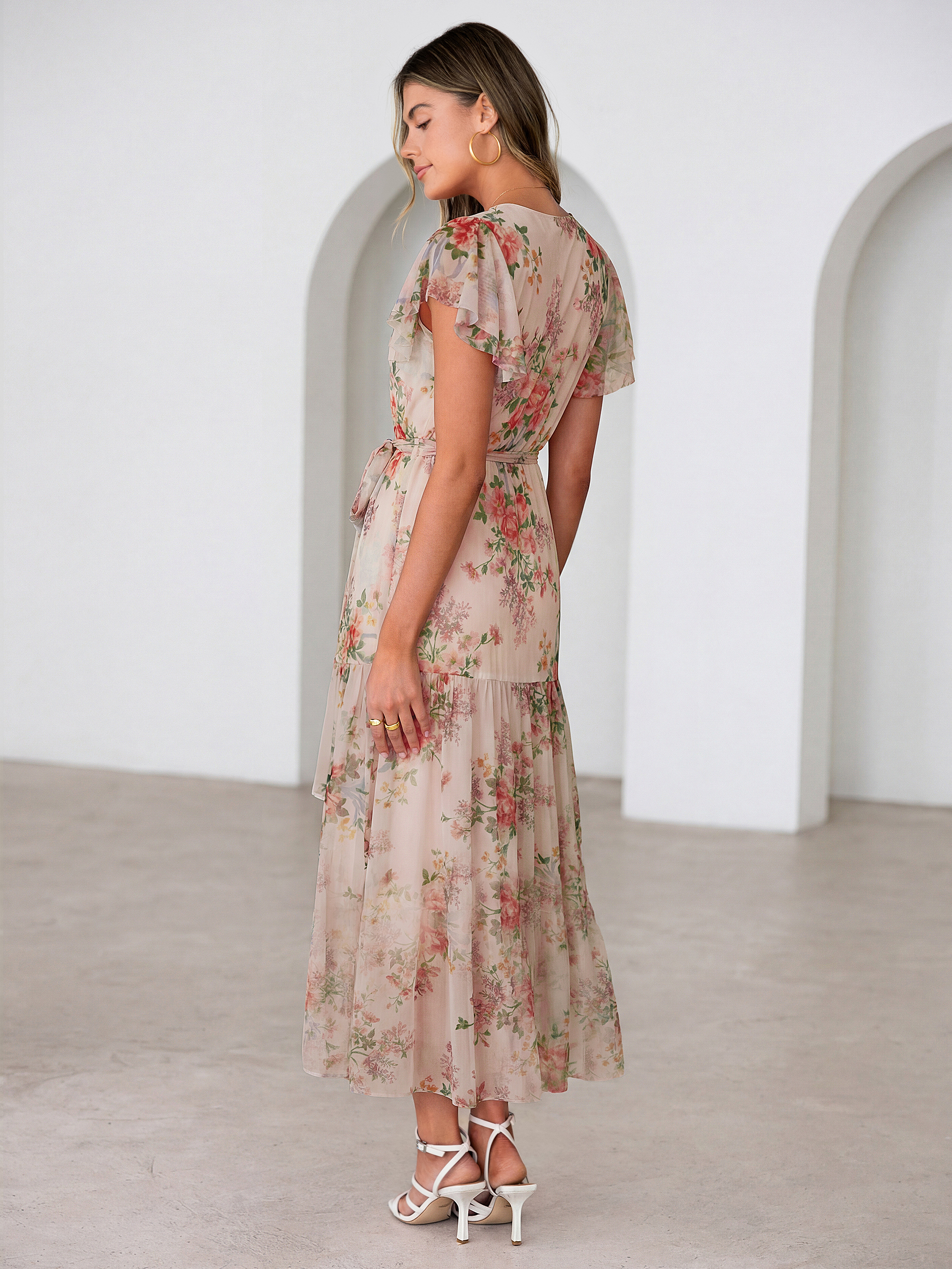 Floral V Neck Flutter Sleeve Flowy Maxi Dress