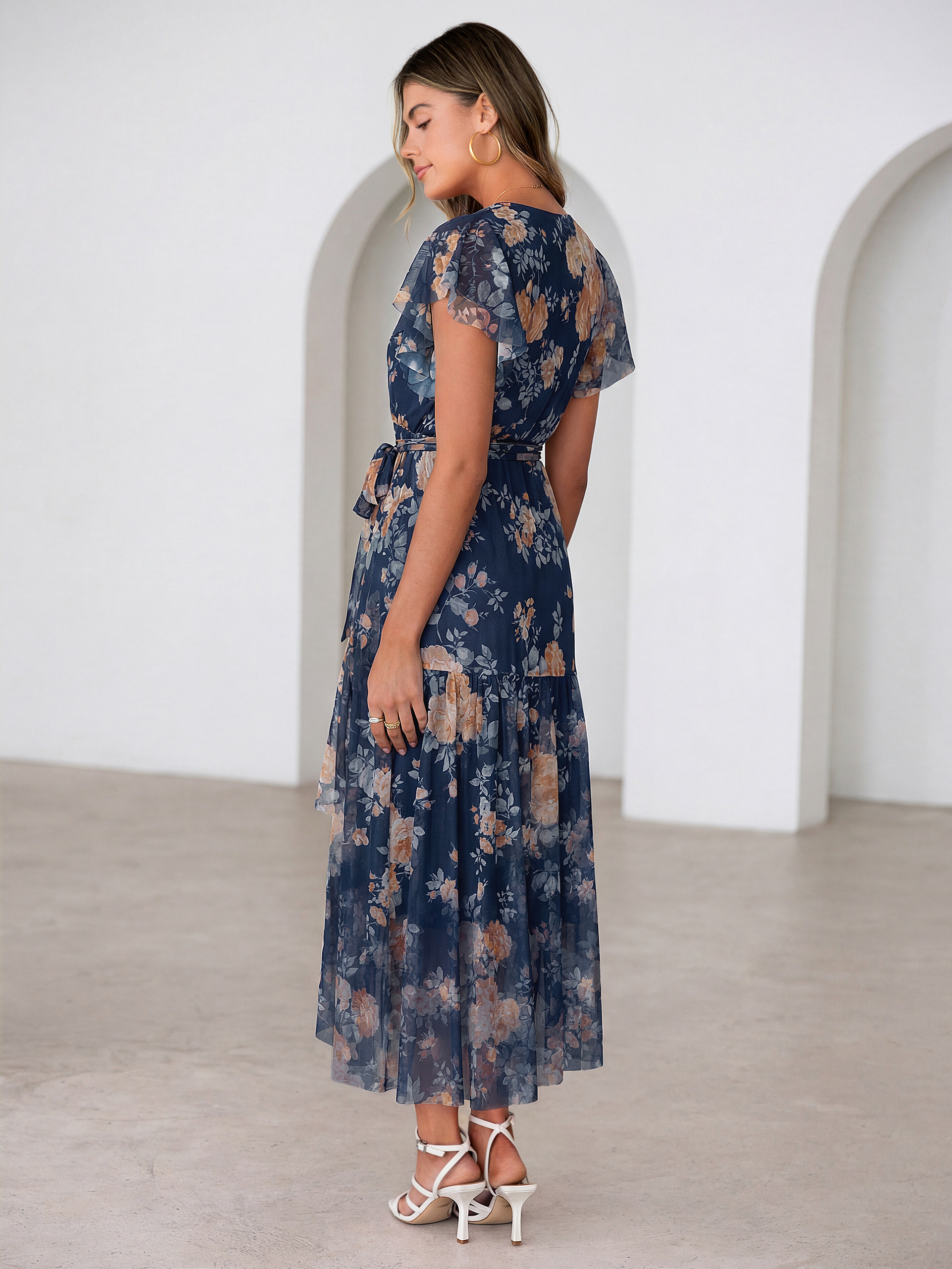 Floral V Neck Flutter Sleeve Flowy Maxi Dress