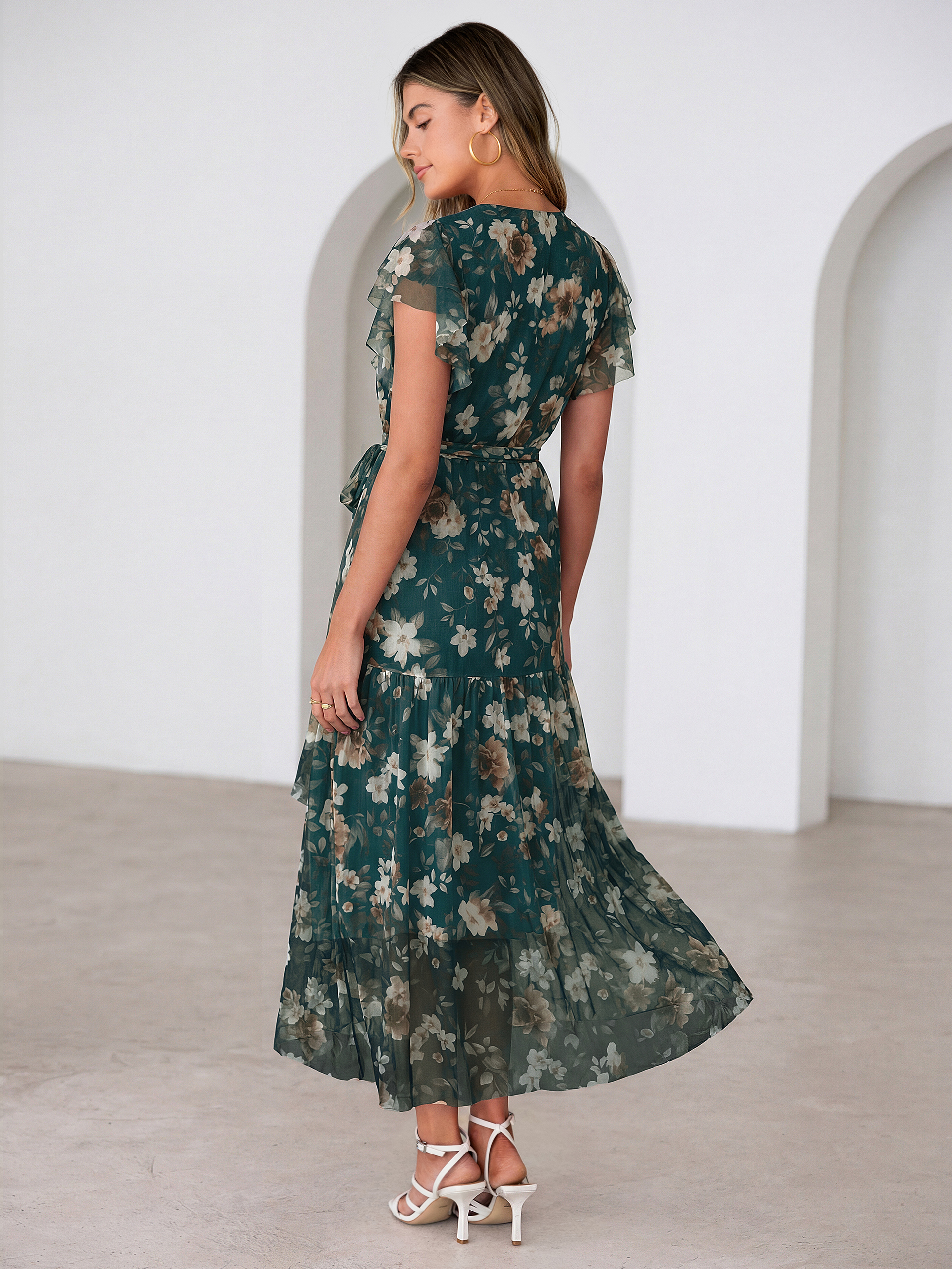 Floral V Neck Flutter Sleeve Flowy Maxi Dress