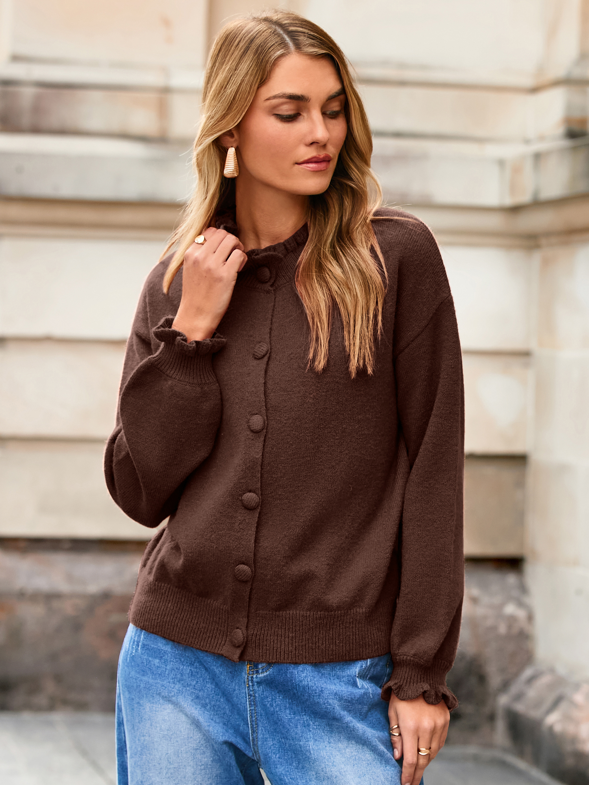 Ruffled Collar Mock Neck Button Cardigan