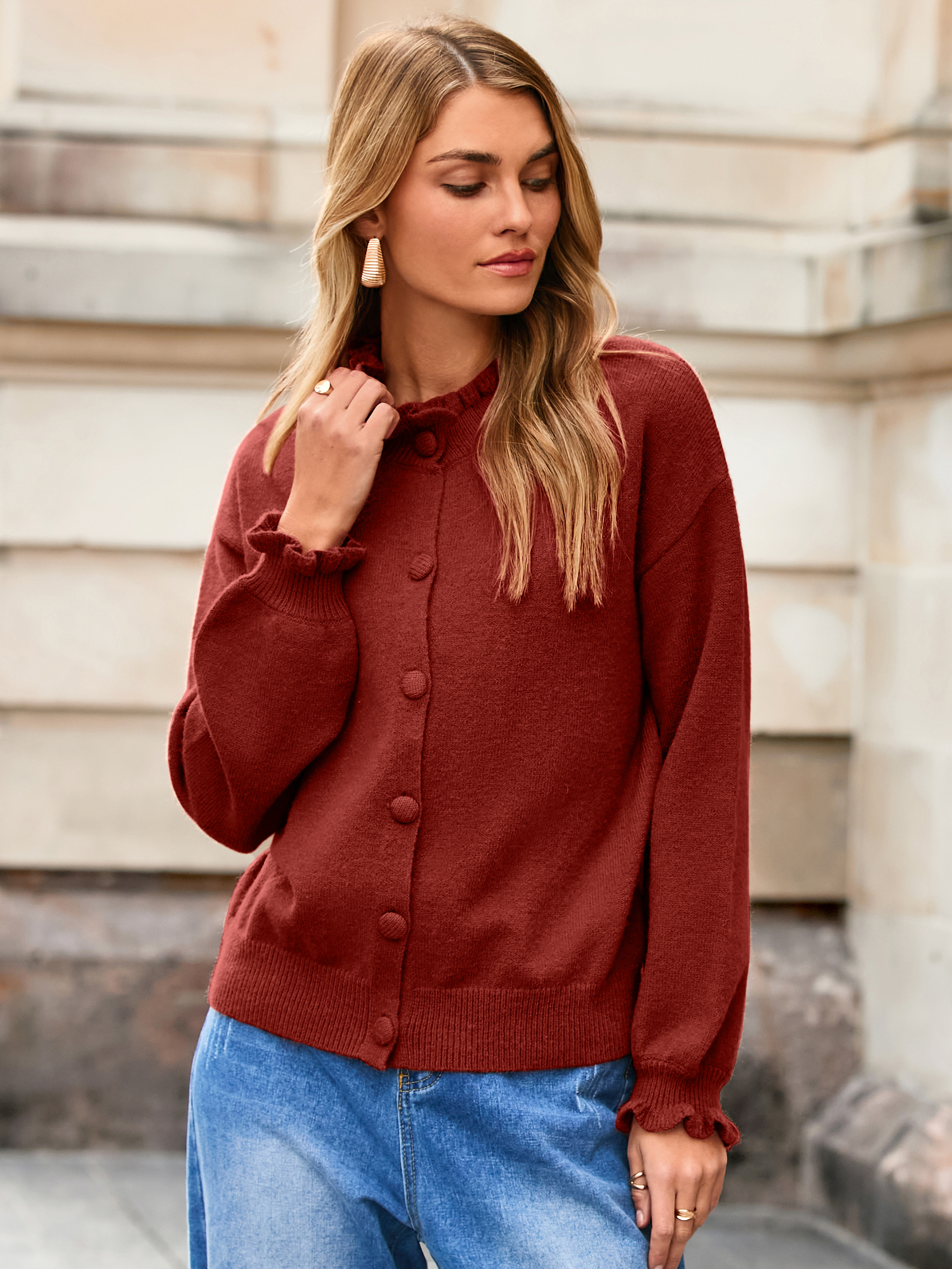 Ruffled Collar Mock Neck Button Cardigan