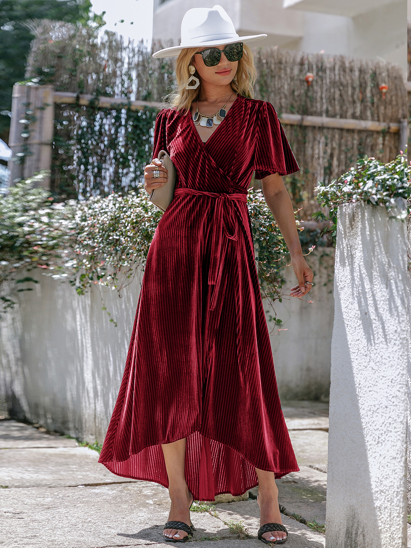 Velvet V-Neck Short Sleeve Belted Wrap Maxi Dress