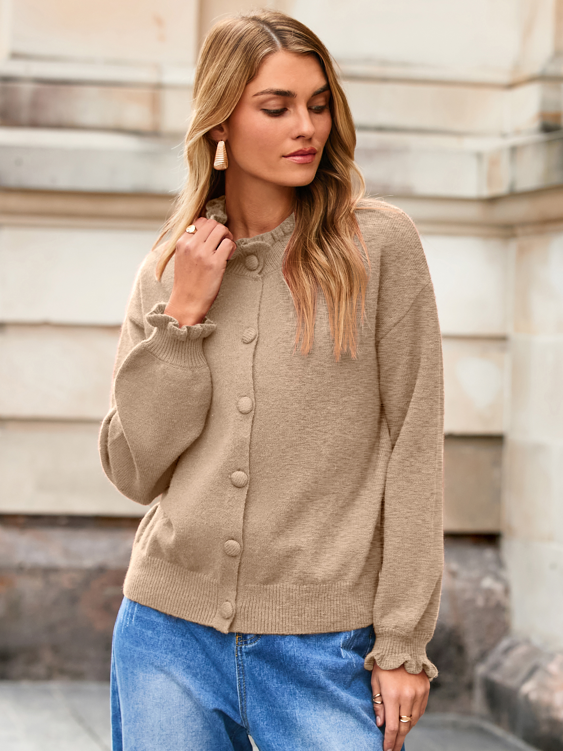 Ruffled Collar Mock Neck Button Cardigan