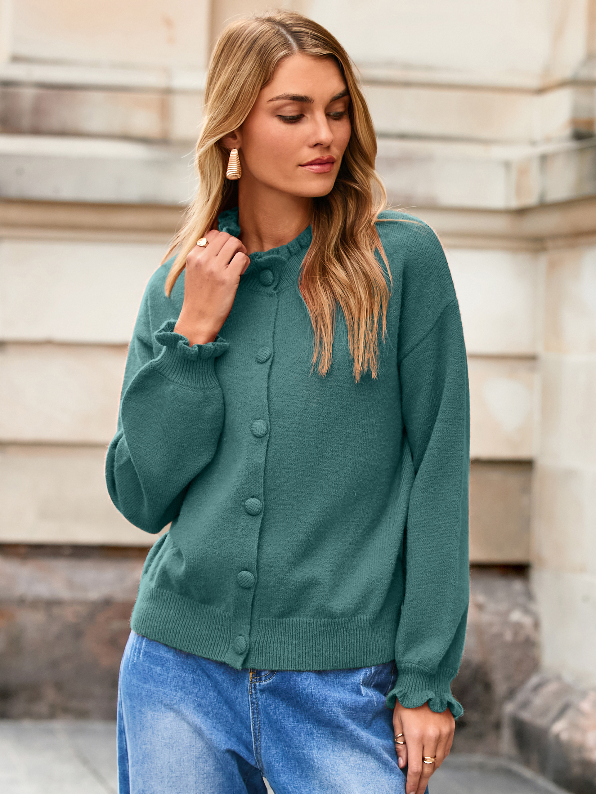 Ruffled Collar Mock Neck Button Cardigan