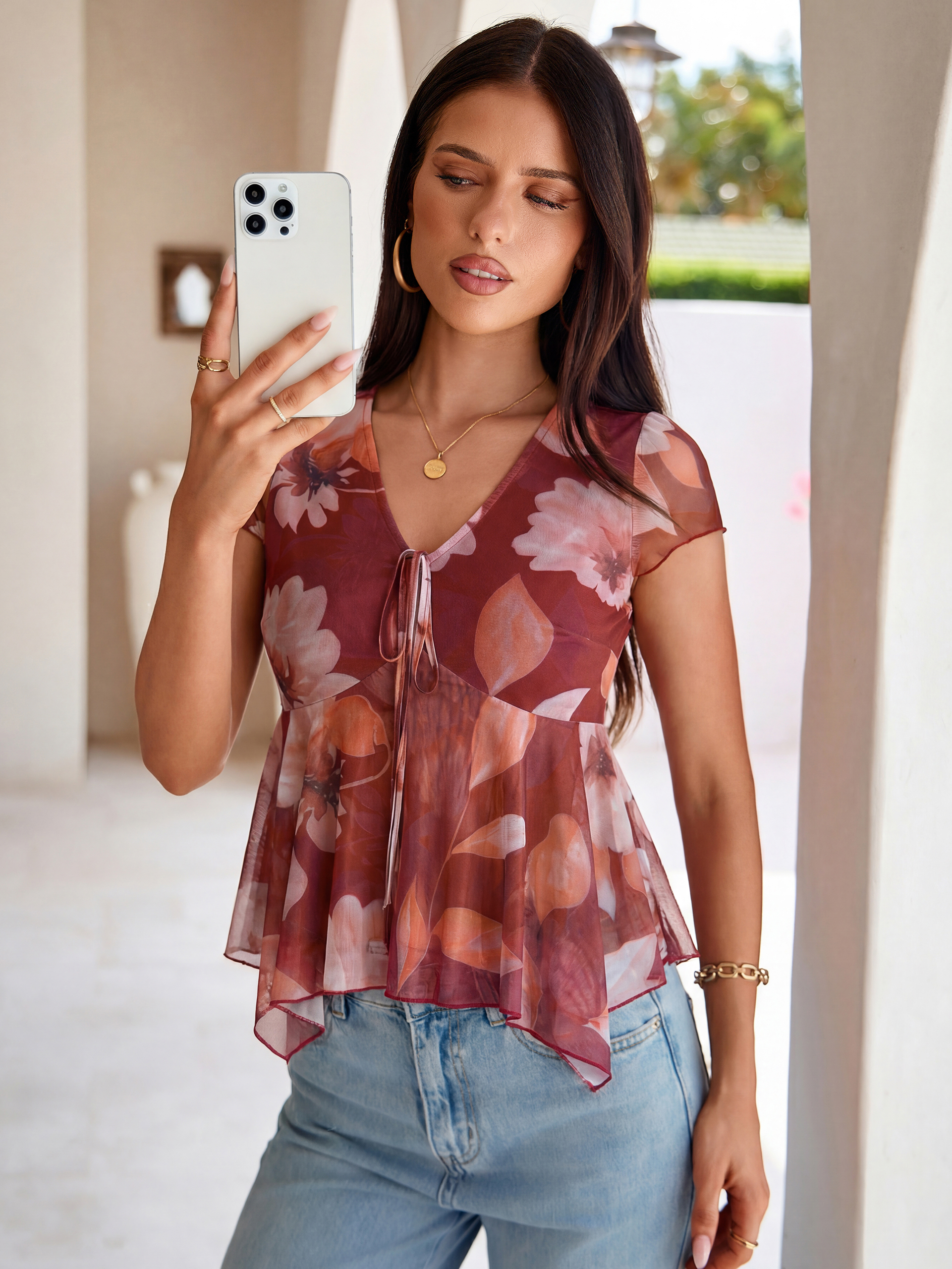 Floral V-Neck Tie Front Peplum Mesh Top