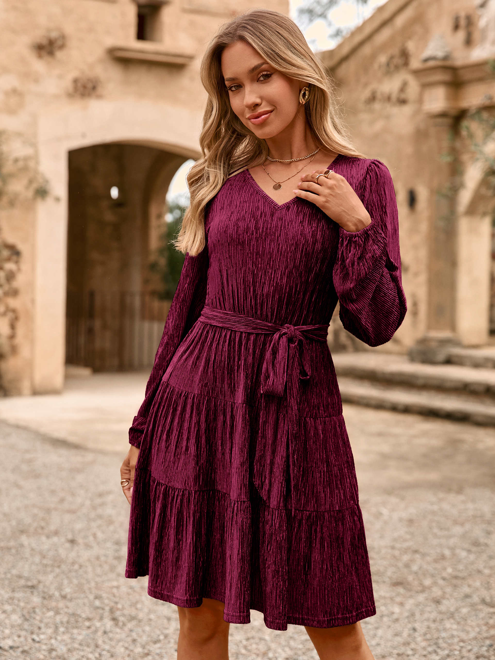 Velvet Long Sleeve V Neck Flowy Mini cocktail Dress