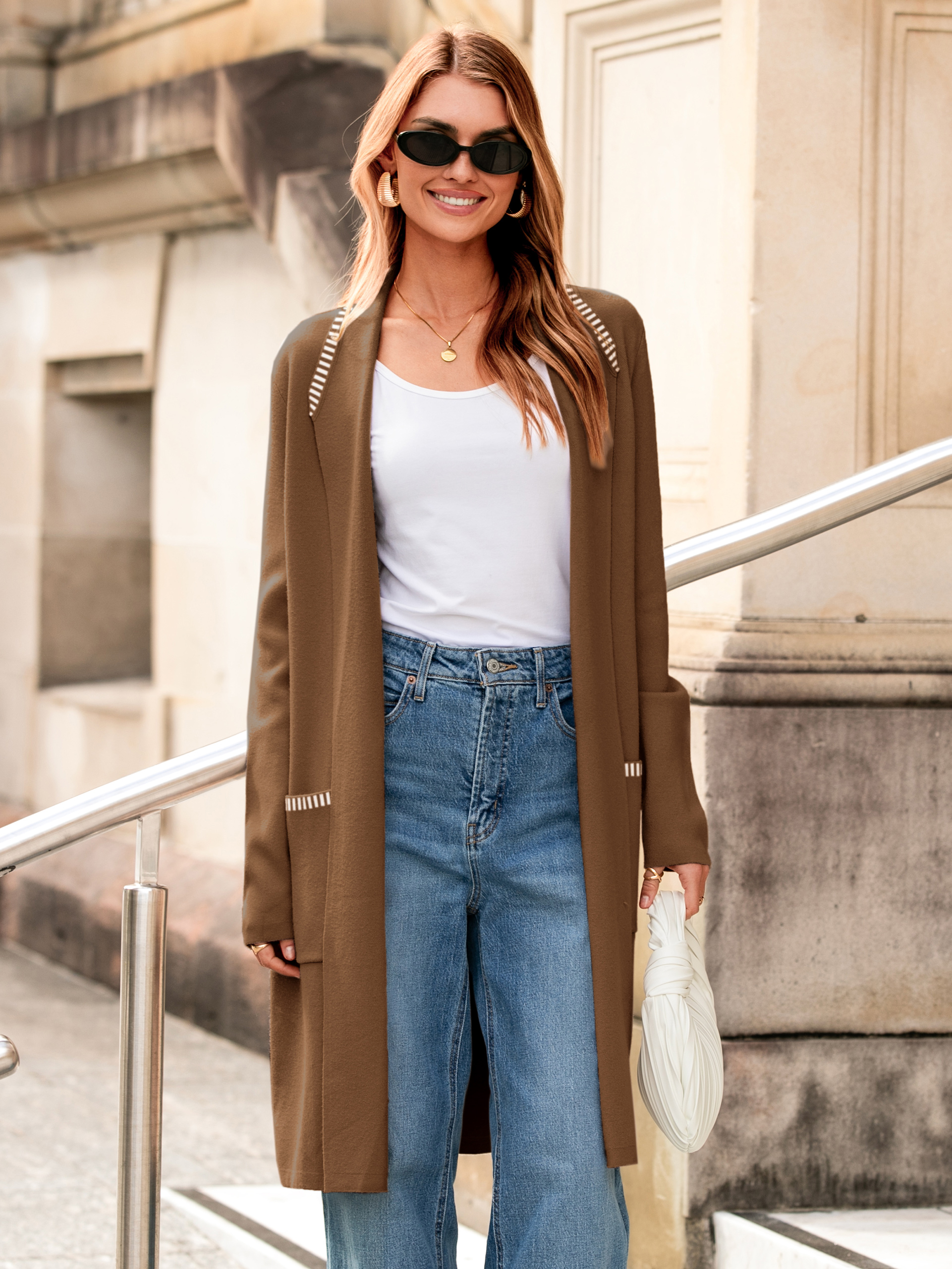 Oversized Open Front Knit Lapel Cardigan with Pockets